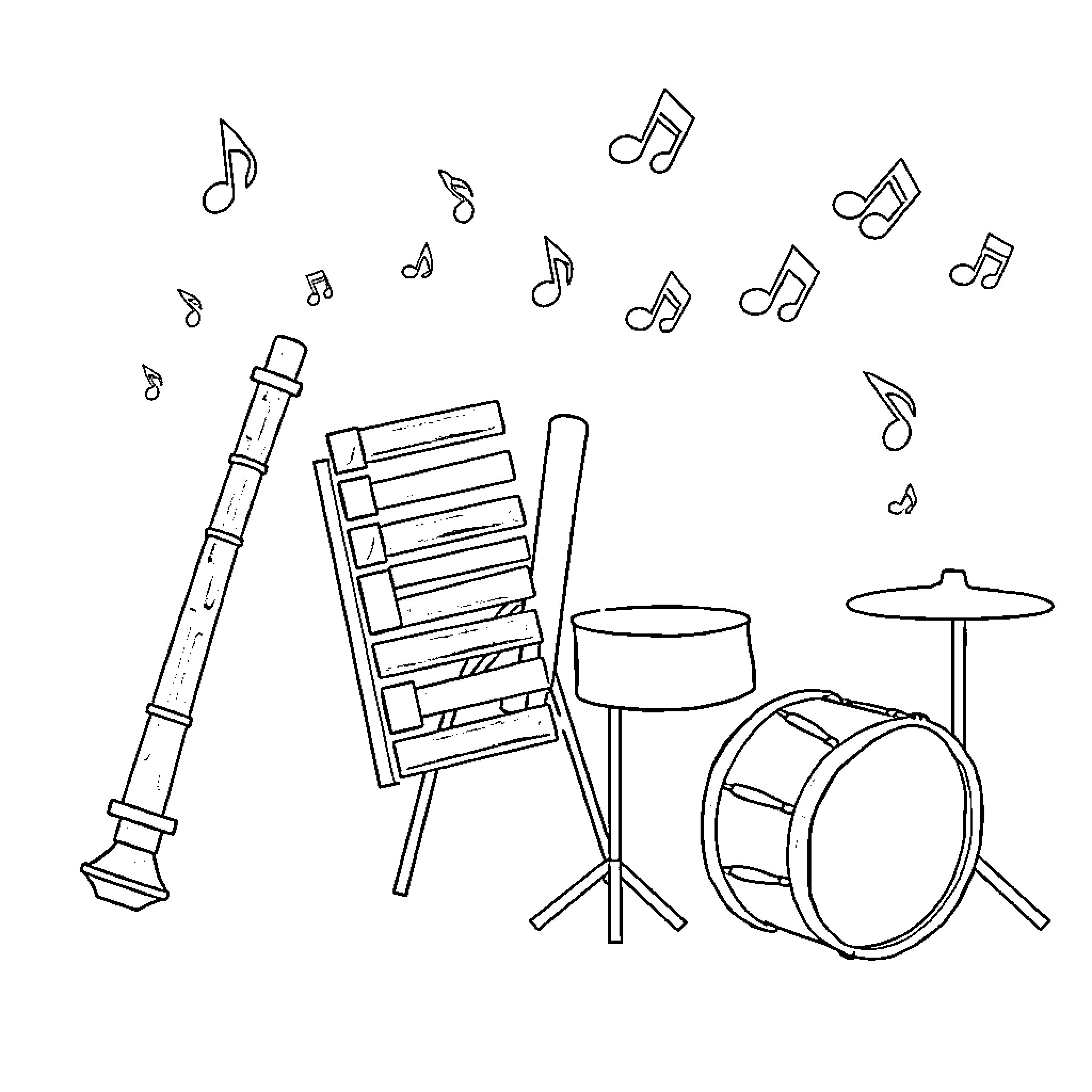 Musical Instrument Arrangement with Drum Set and Notes Coloring Page (free black-and-white line drawing printable PDF for all, from beginners to advanced learners, including children, teens, adults, and seniors)