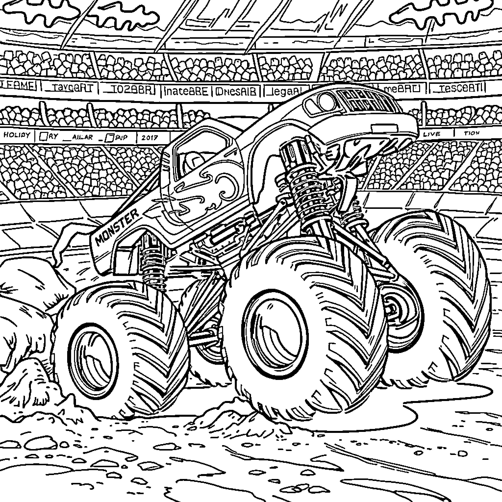 Monster Truck racing through the dirt track Coloring Page (free black-and-white line drawing printable PDF for all, from beginners to advanced learners, including children, teens, adults, and seniors)
