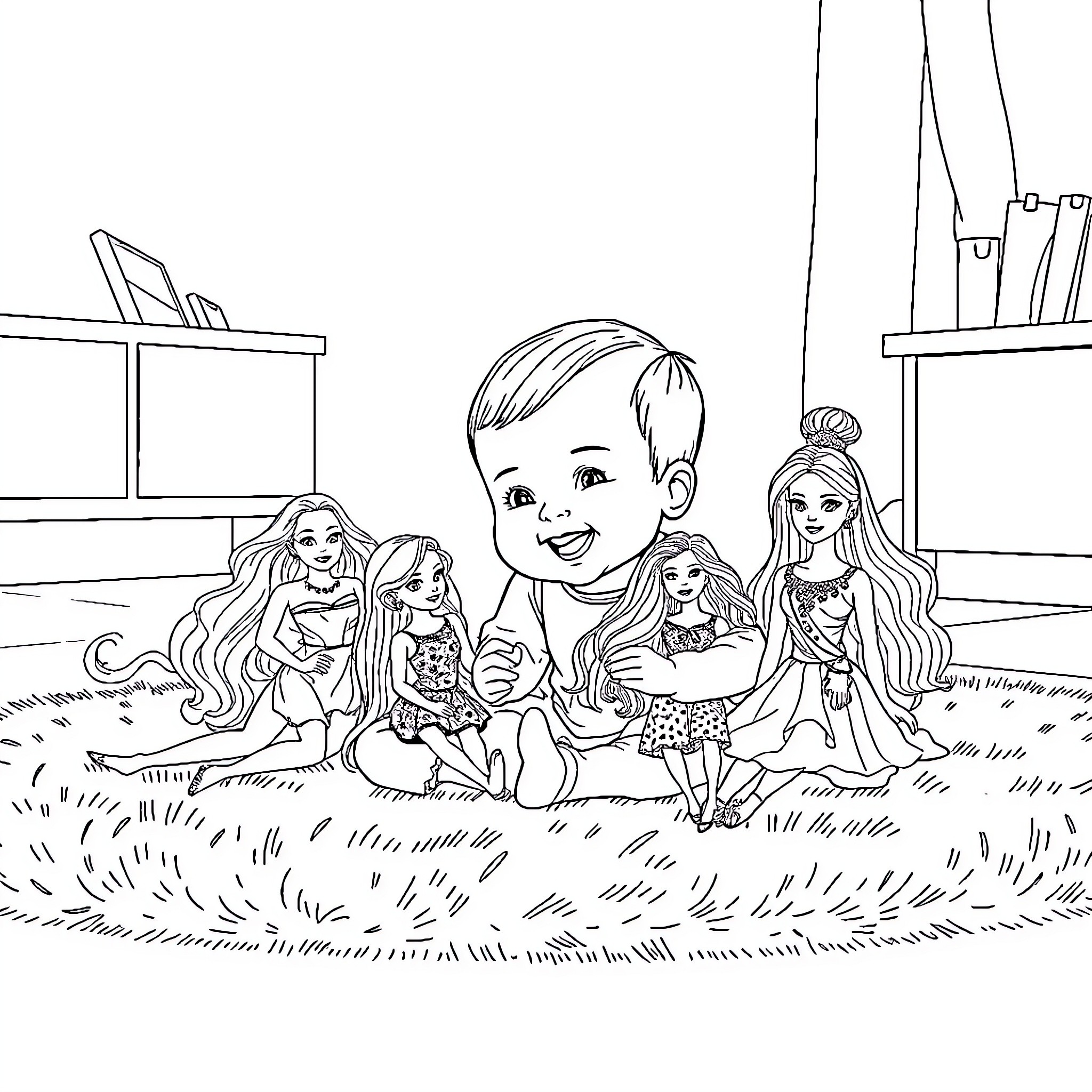 Tater Tot playing with fashion dolls on the grass Coloring Page (free black-and-white line drawing printable PDF for all, from beginners to advanced learners, including children, teens, adults, and seniors)