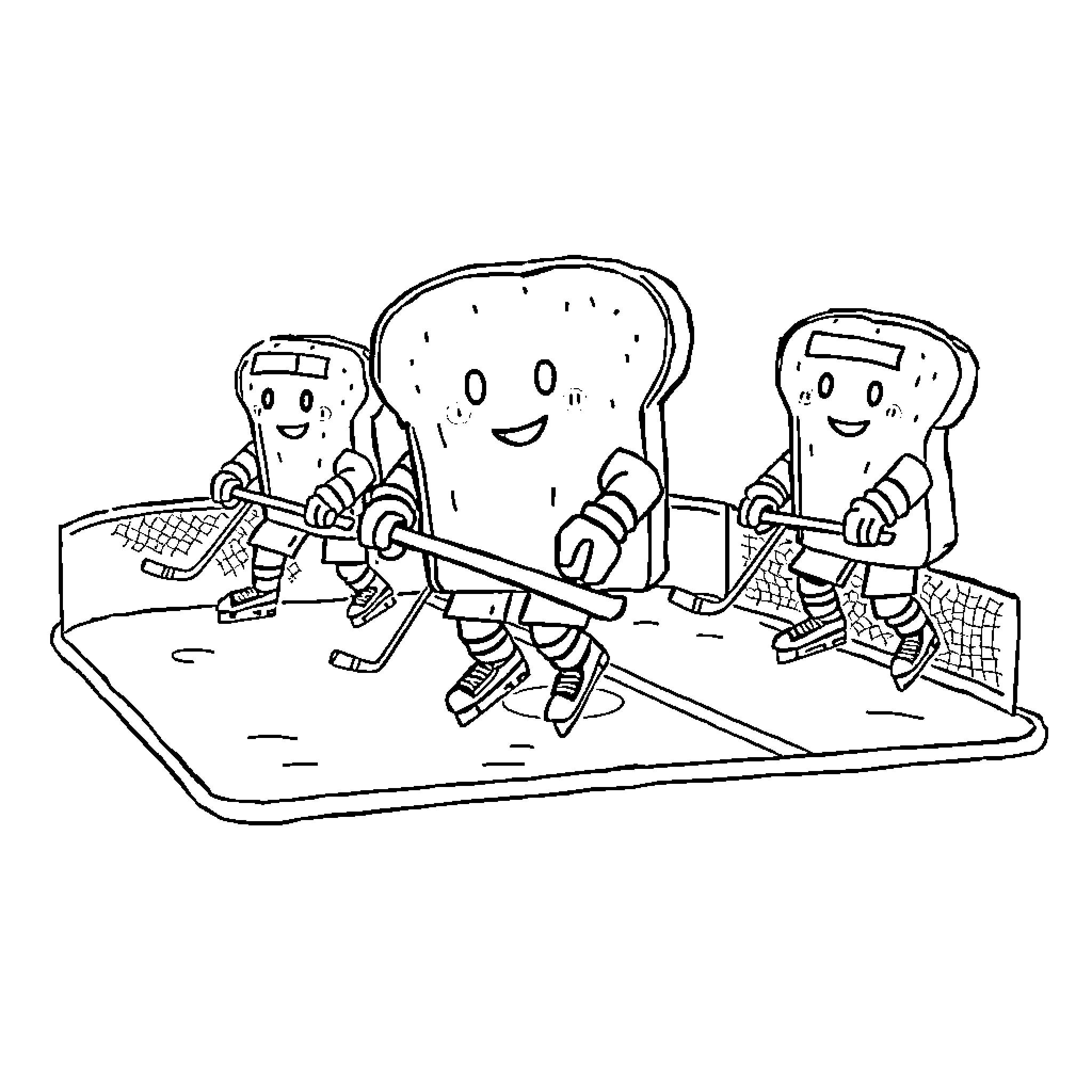 Toasted Bread Playing Volleyball Coloring Page (free black-and-white line drawing printable PDF for all, from beginners to advanced learners, including children, teens, adults, and seniors)