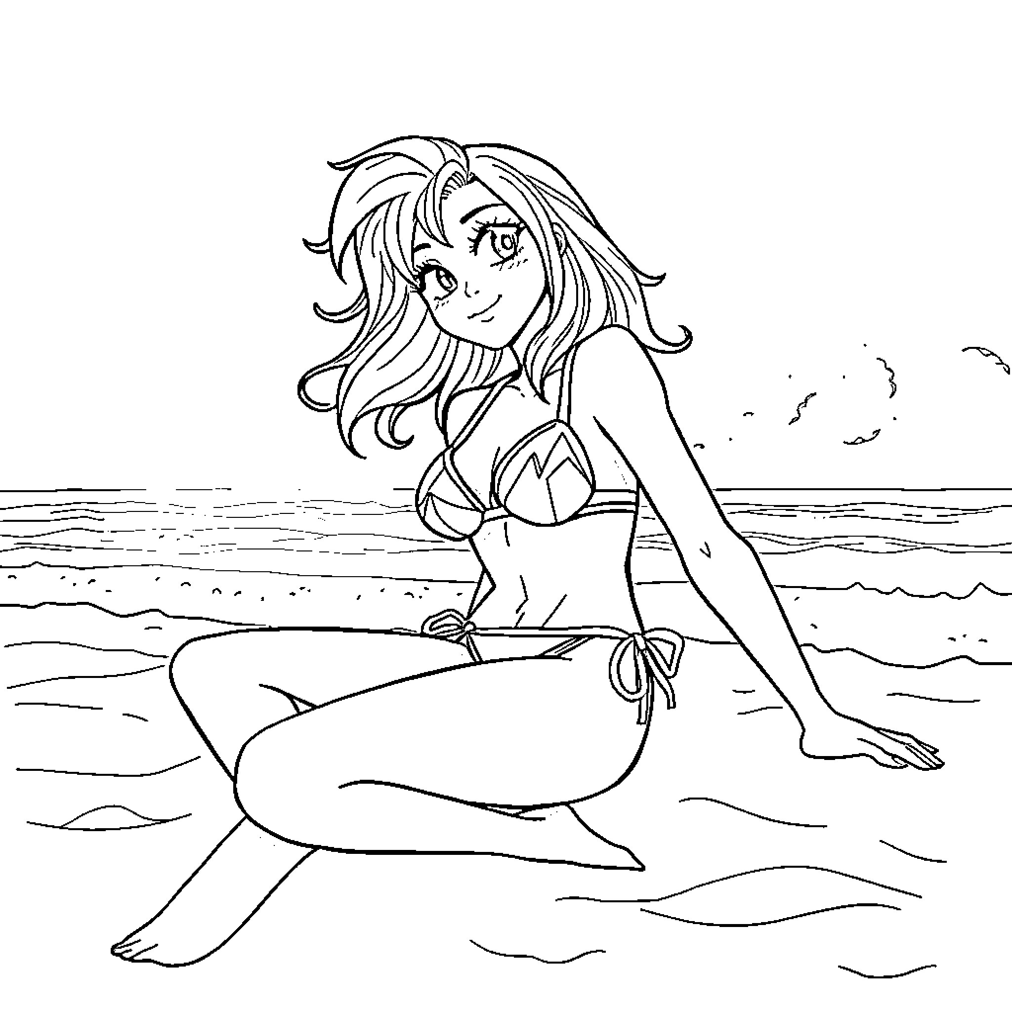Astolfo relaxing at the beach in a swimsuit Coloring Page (free black-and-white line drawing printable PDF for all, from beginners to advanced learners, including children, teens, adults, and seniors)