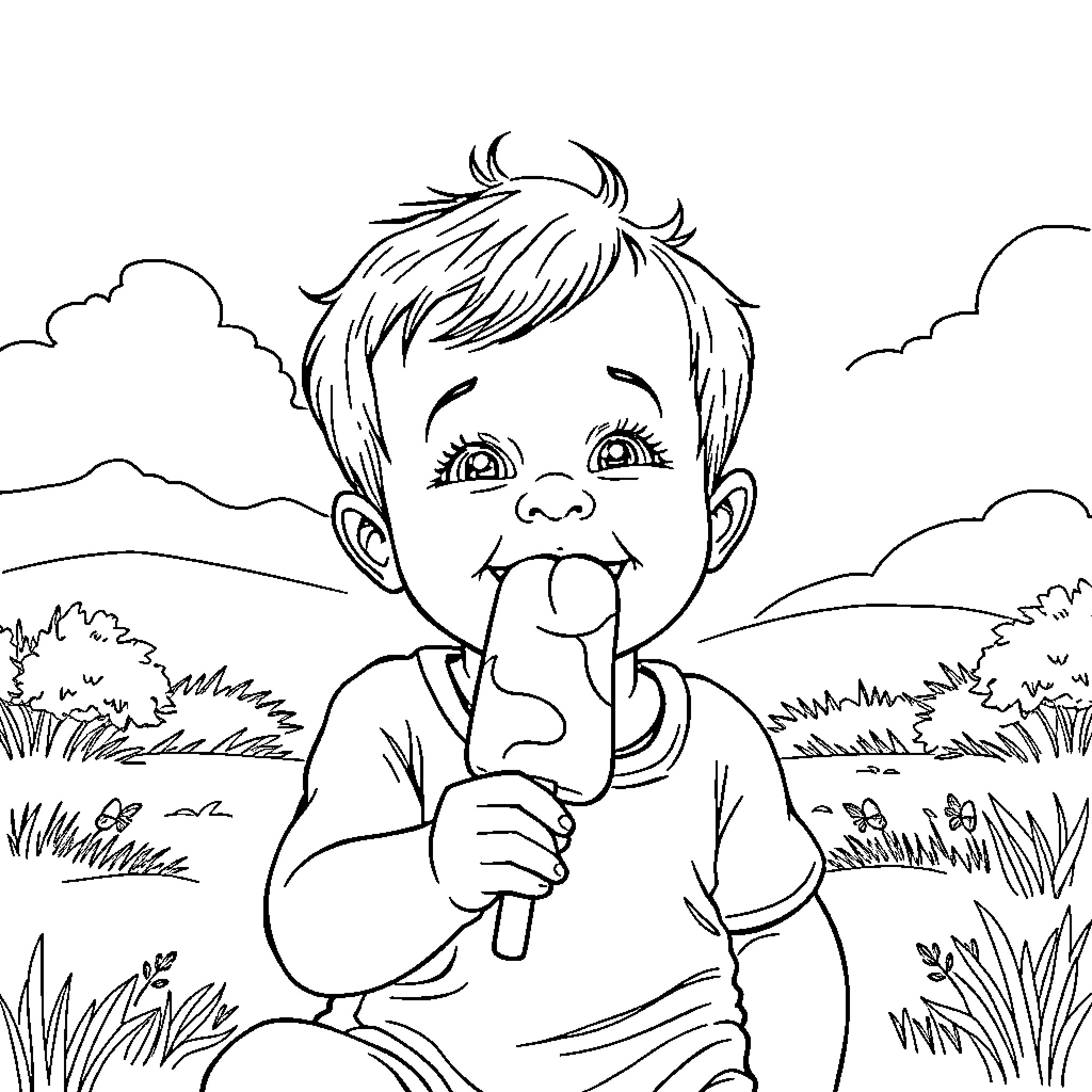 Baby enjoying a popsicle in the outdoors Coloring Page (free black-and-white line drawing printable PDF for all, from beginners to advanced learners, including children, teens, adults, and seniors)
