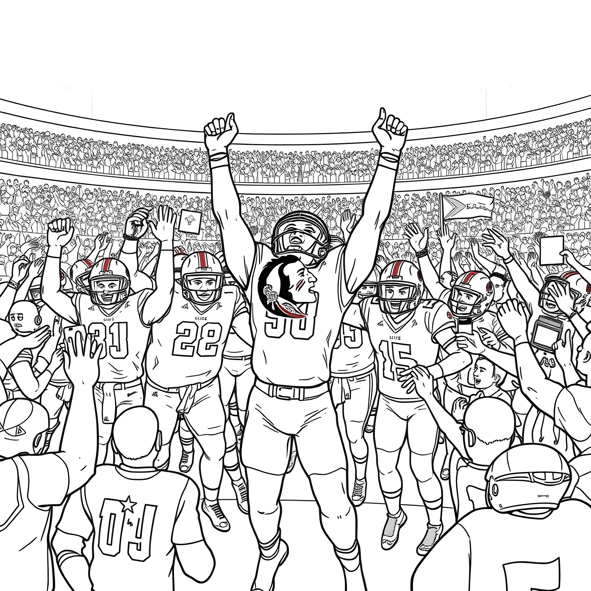 Football players celebrating victory in the stadium Coloring Page (free black-and-white line drawing printable PDF for all, from beginners to advanced learners, including children, teens, adults, and seniors)