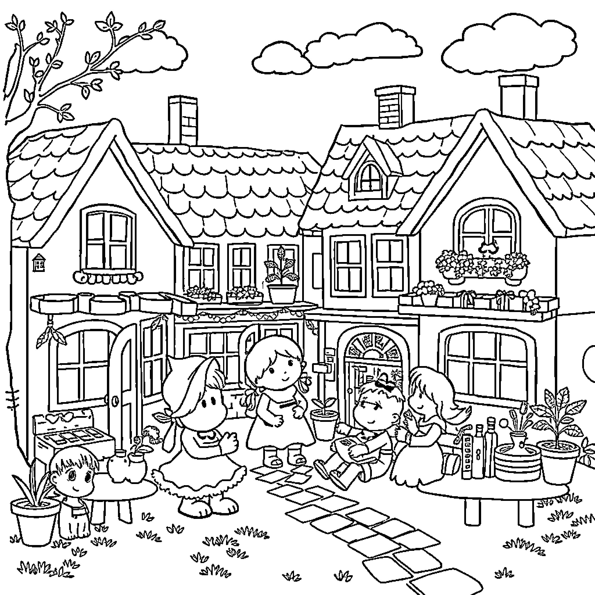 Dollhouse with Playful Children in the Garden Coloring Page (free black-and-white line drawing printable PDF for all, from beginners to advanced learners, including children, teens, adults, and seniors)