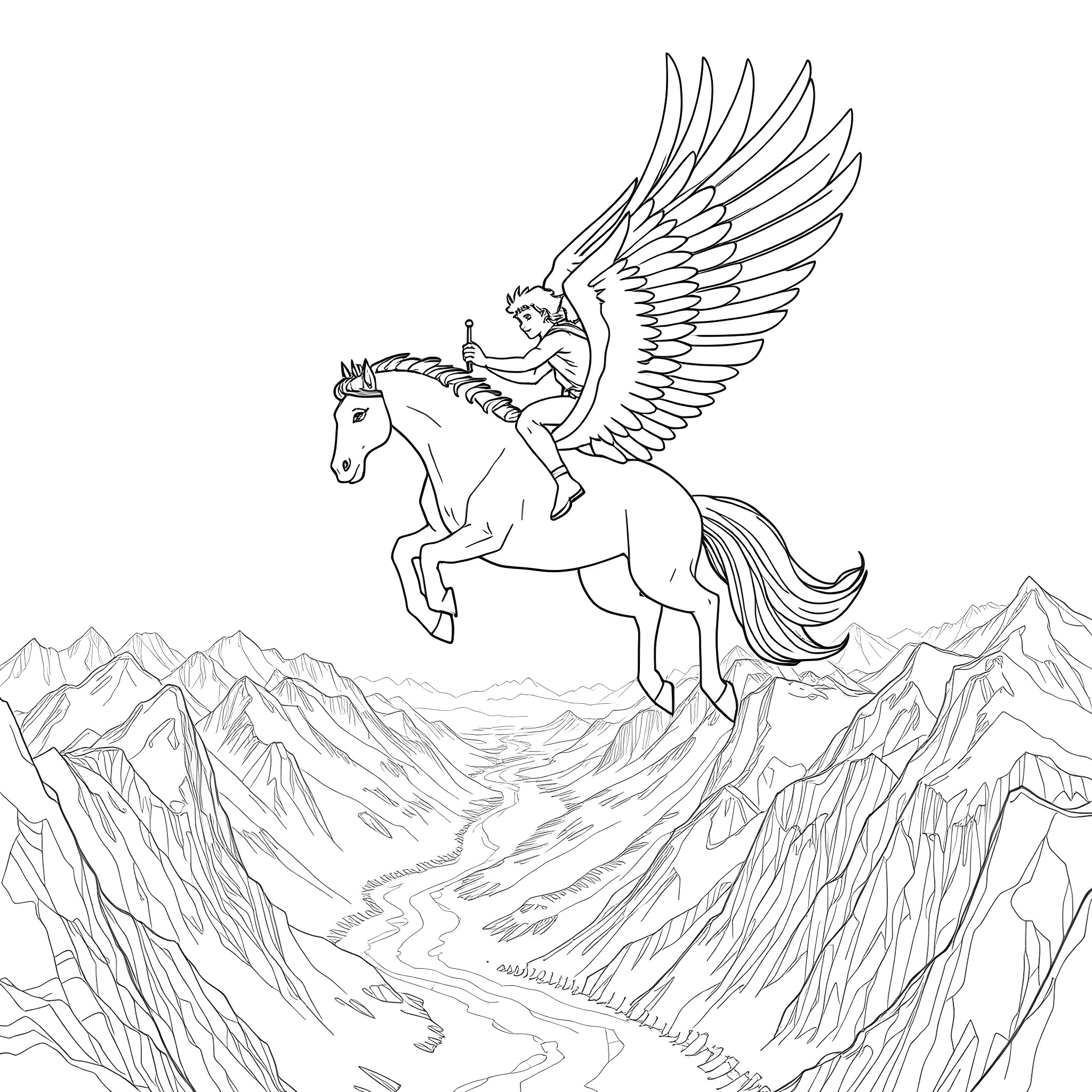 Percy Jackson riding a winged horse in the mountains Coloring Page (free black-and-white line drawing printable PDF for all, from beginners to advanced learners, including children, teens, adults, and seniors)