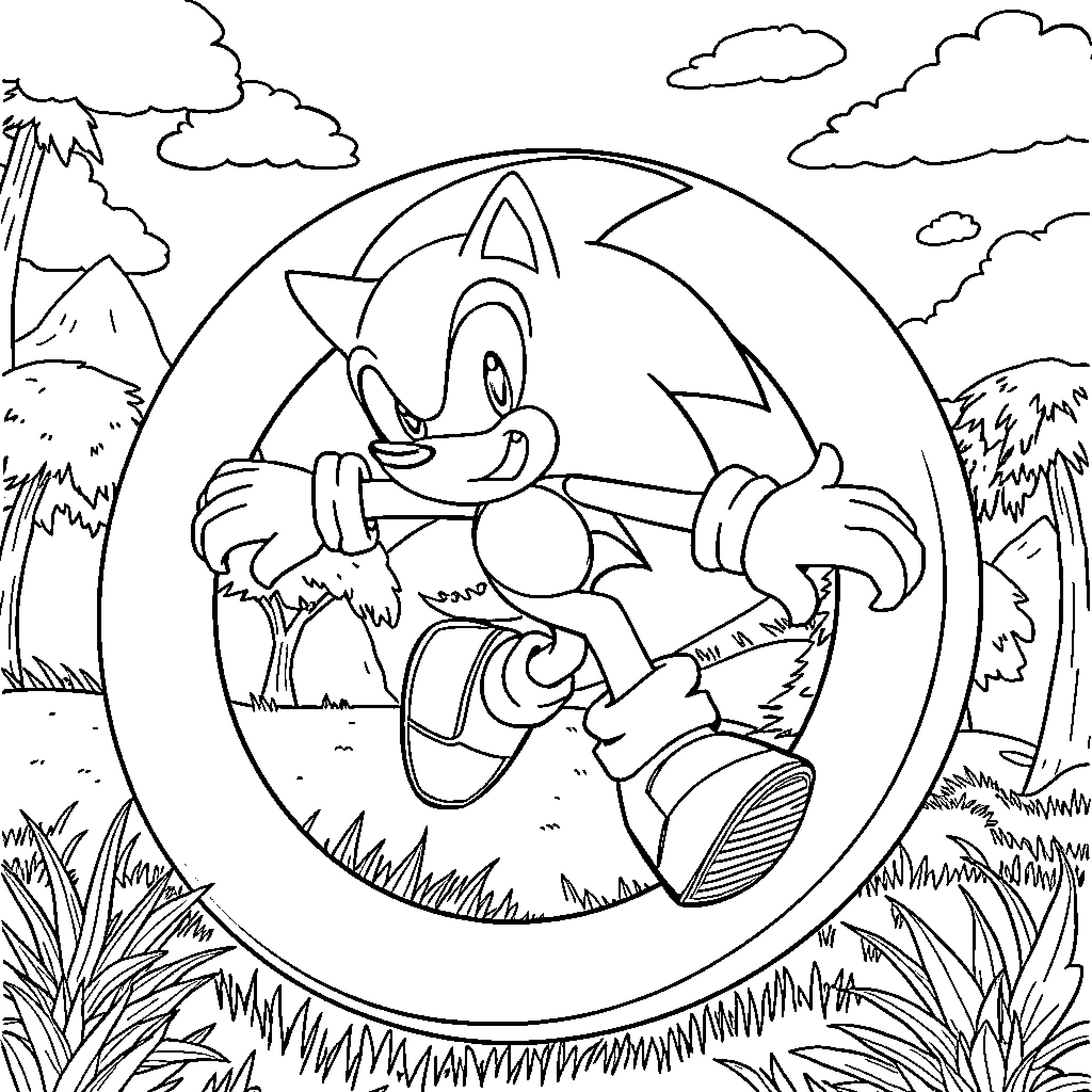 Sonic running joyfully through the scenic landscape Coloring Page (free black-and-white line drawing printable PDF for all, from beginners to advanced learners, including children, teens, adults, and seniors)