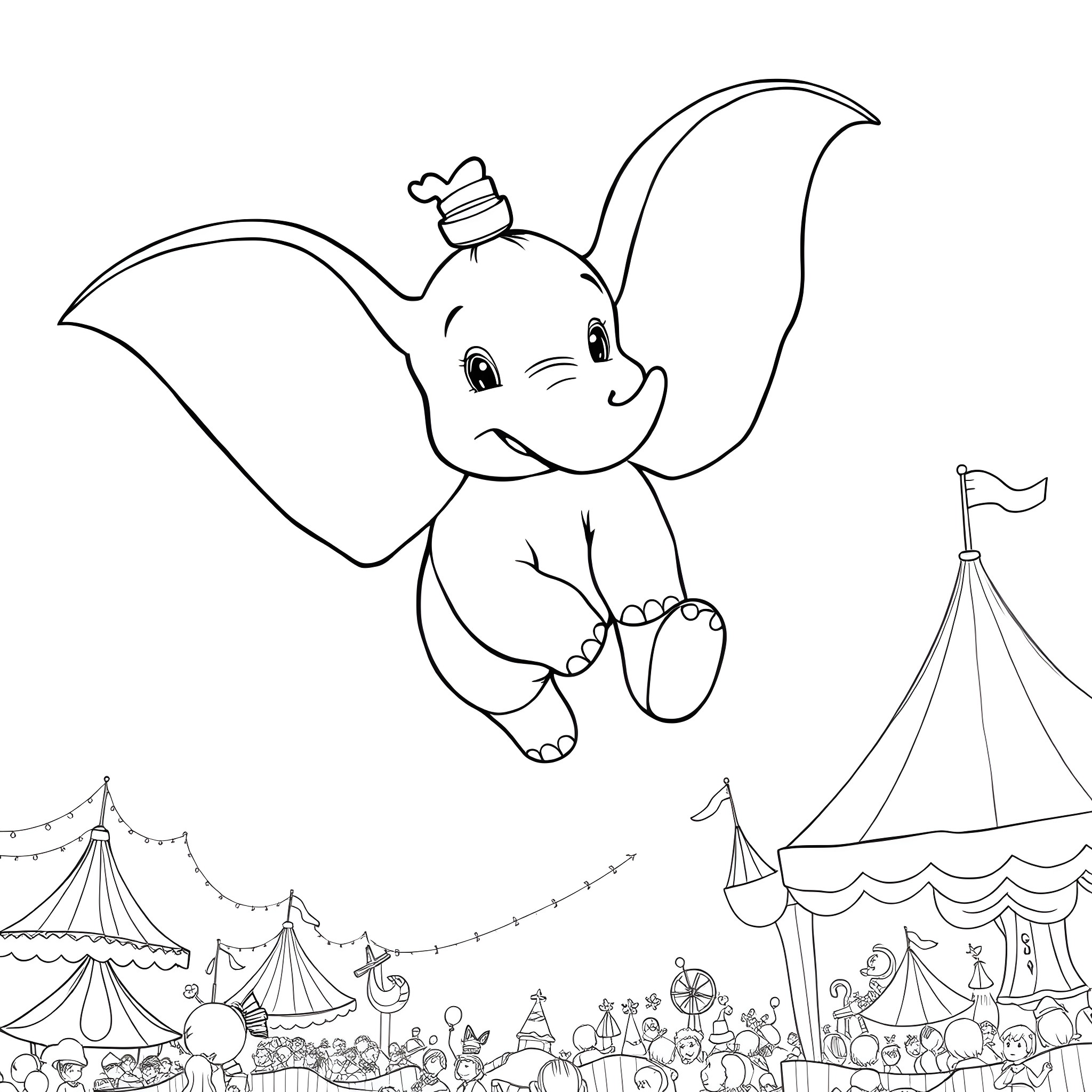 Dumbo flying over the carnival circus Coloring Page (free black-and-white line drawing printable PDF for all, from beginners to advanced learners, including children, teens, adults, and seniors)