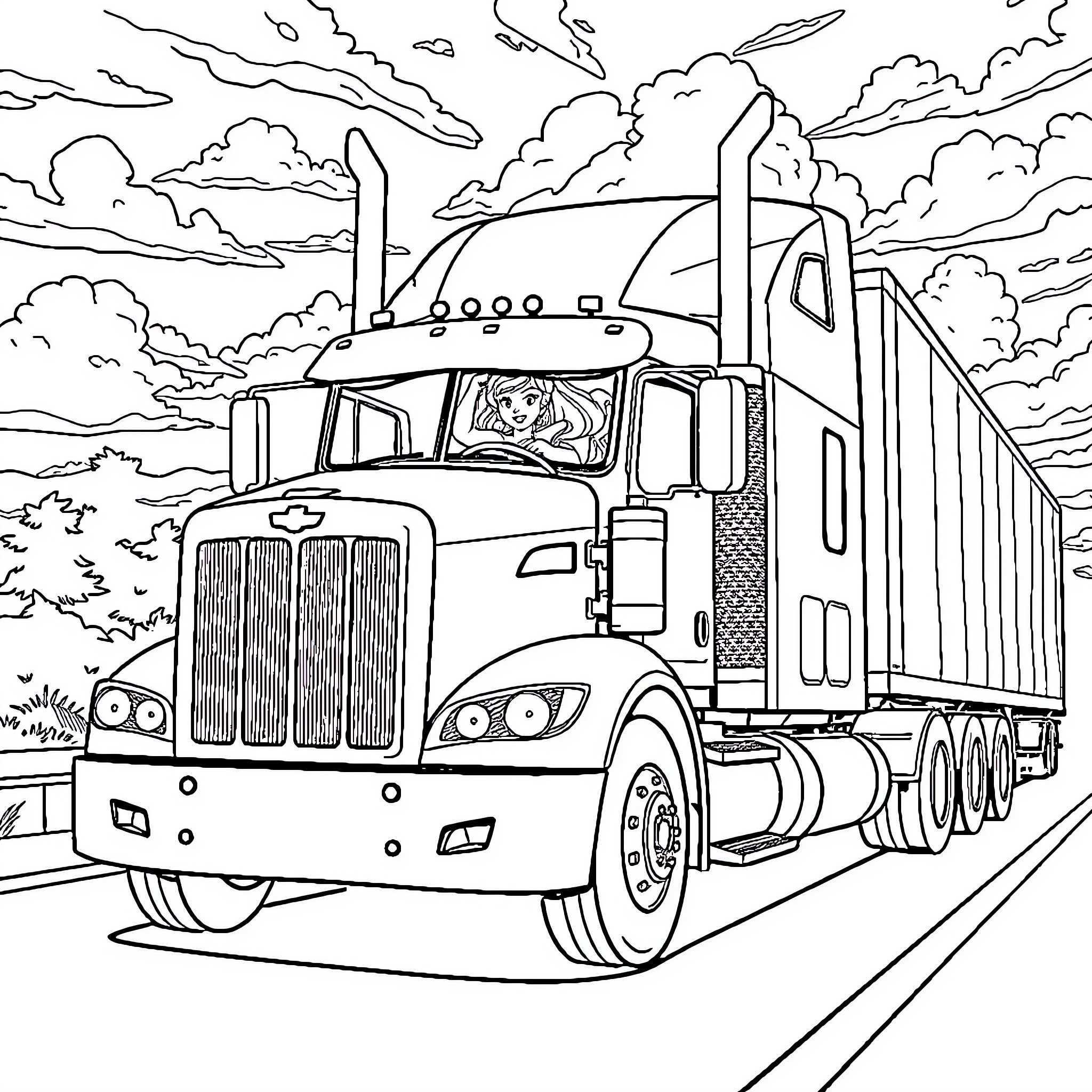 Ariel's Trucking Adventure on the Open Road Coloring Page (free black-and-white line drawing printable PDF for all, from beginners to advanced learners, including children, teens, adults, and seniors)