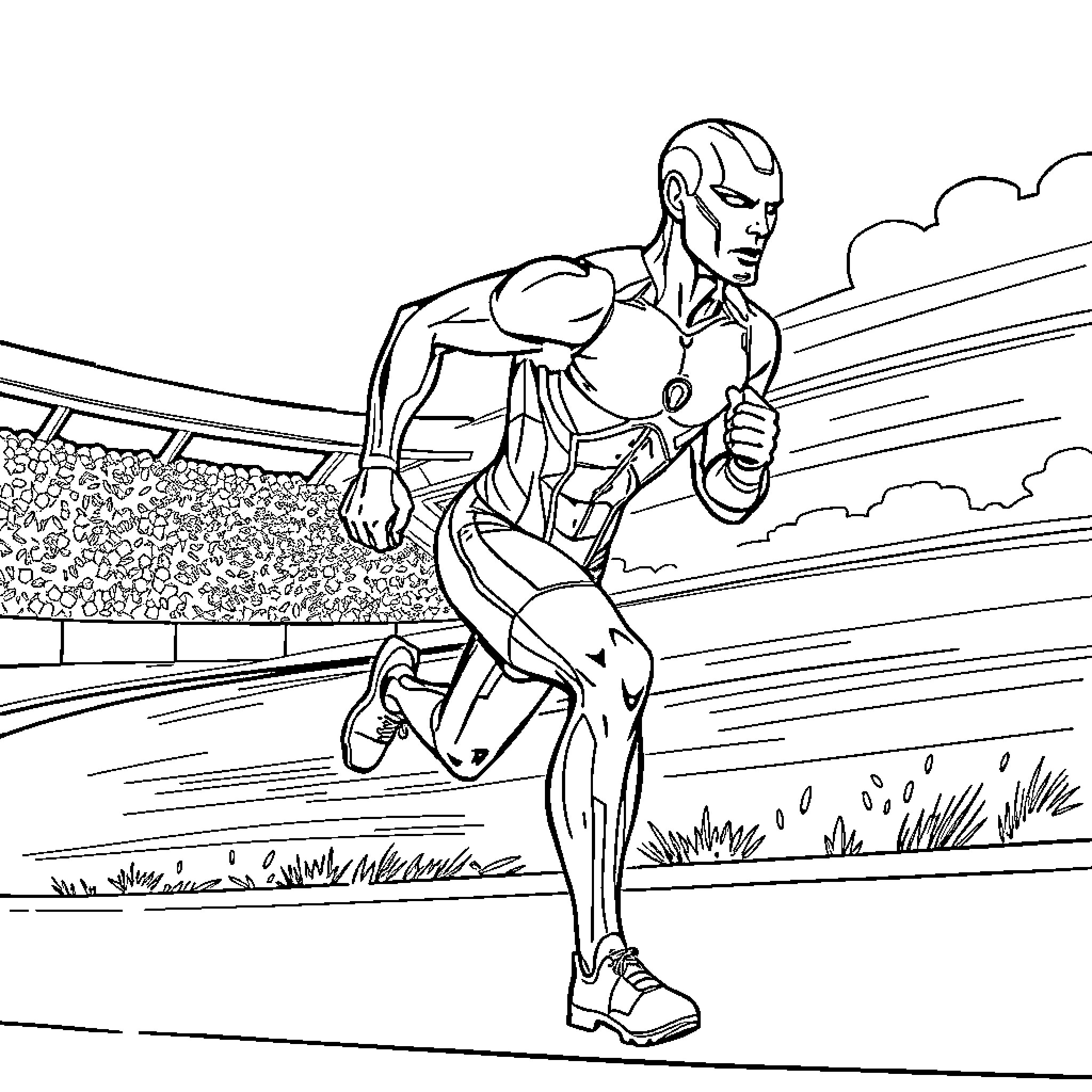 Ironman character running in stadium Coloring Page (free black-and-white line drawing printable PDF for all, from beginners to advanced learners, including children, teens, adults, and seniors)