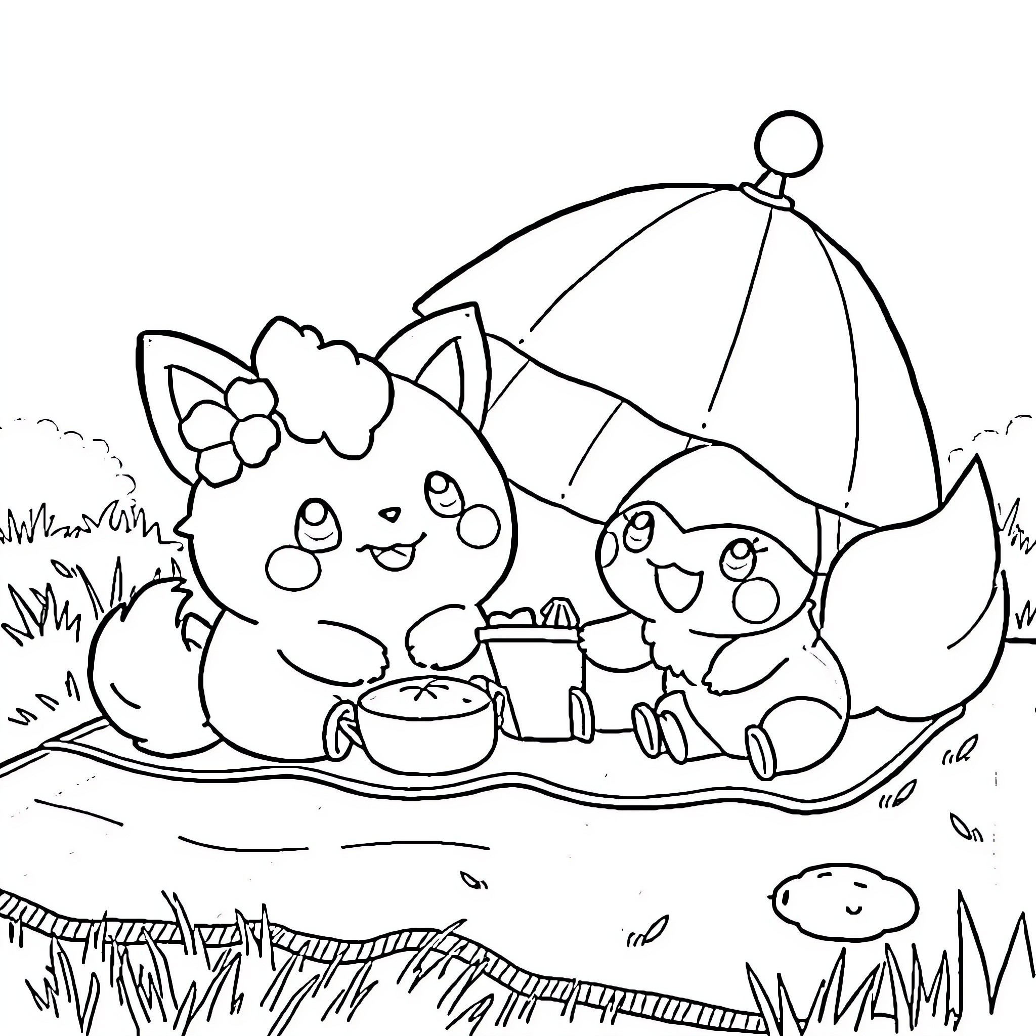 Pompompurin enjoying picnic with friends under umbrella Coloring Page (free black-and-white line drawing printable PDF for all, from beginners to advanced learners, including children, teens, adults, and seniors)