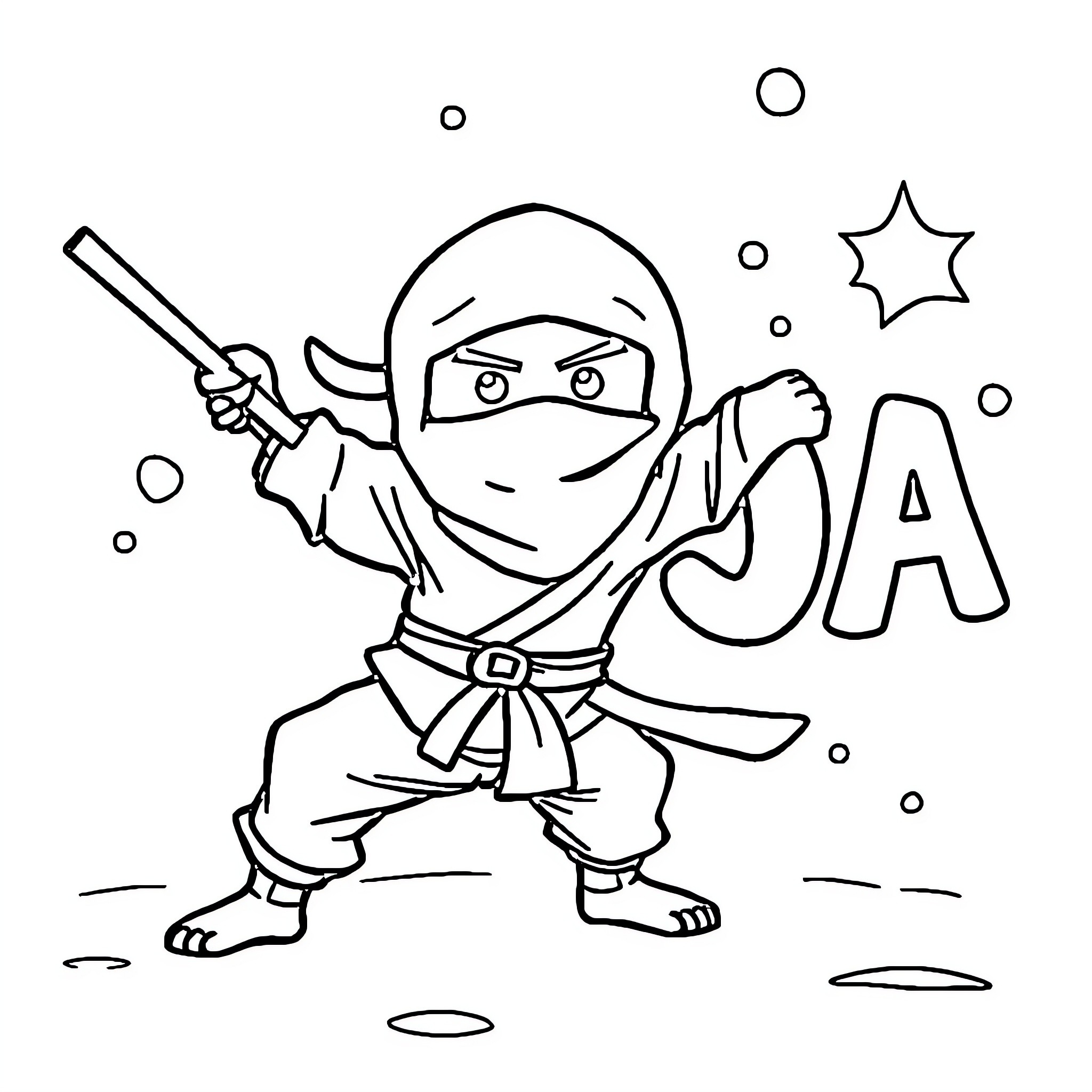 Ninja warrior wielding sword with ninja text Coloring Page (free black-and-white line drawing printable PDF for all, from beginners to advanced learners, including children, teens, adults, and seniors)