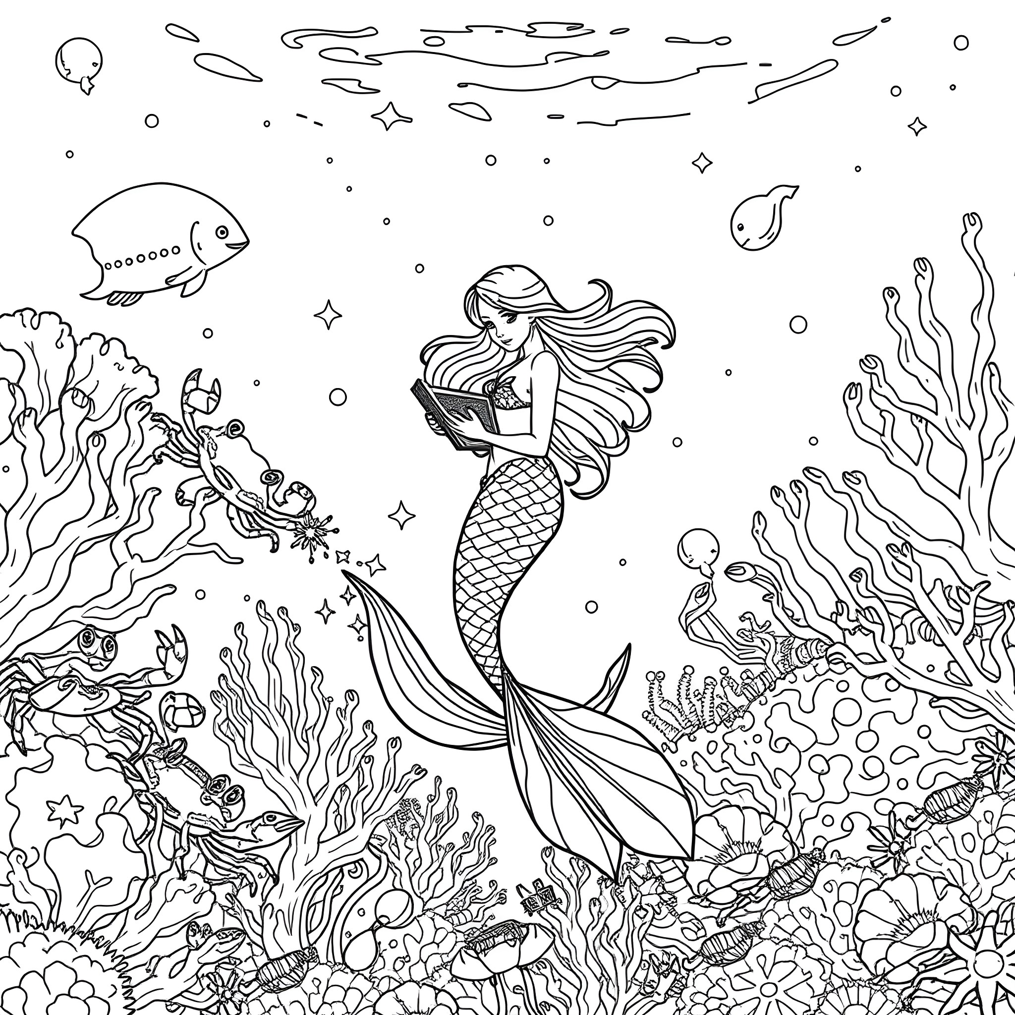 Mermaid exploring the enchanting underwater world Coloring Page (free black-and-white line drawing printable PDF for all, from beginners to advanced learners, including children, teens, adults, and seniors)