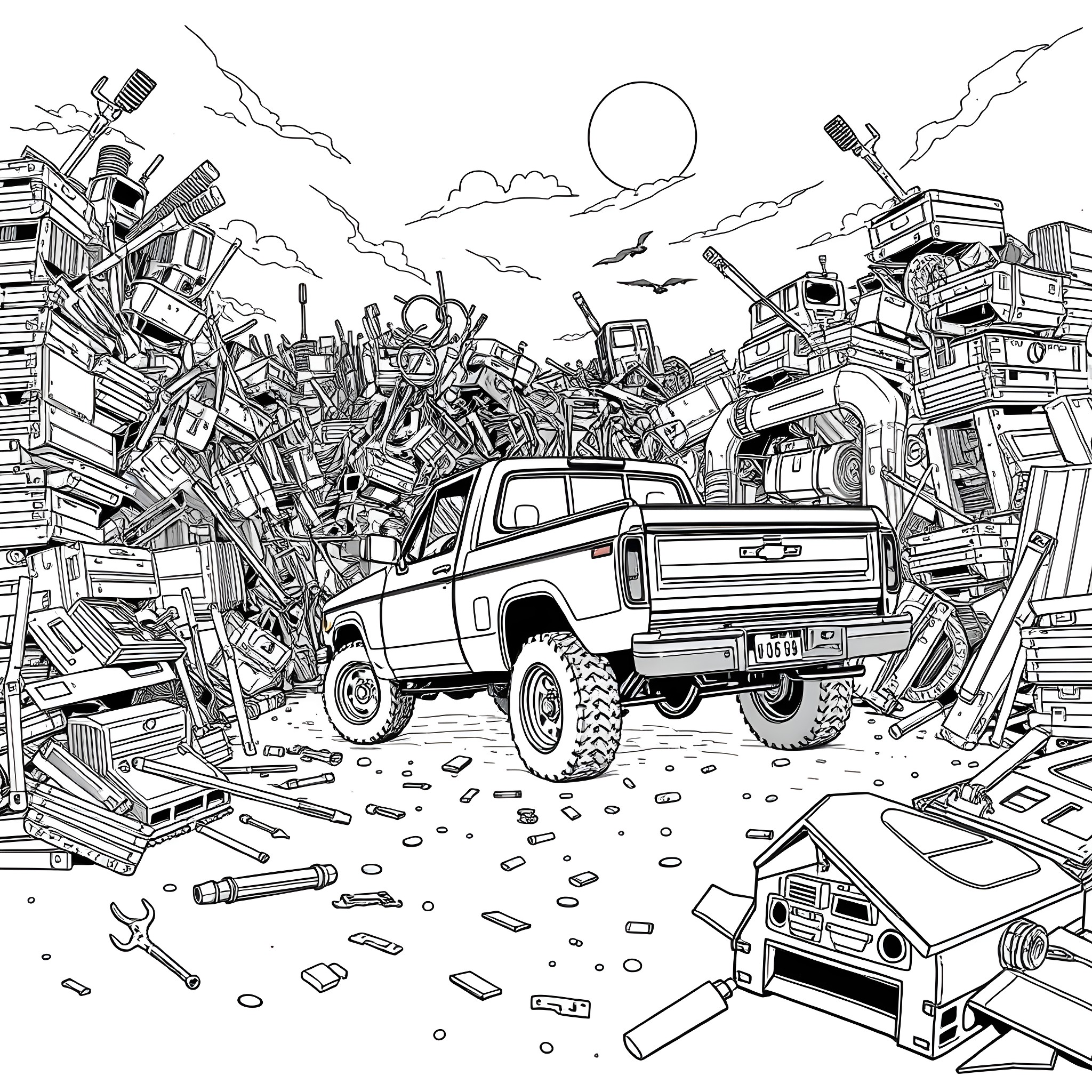 Pick Up Truck Navigating Through Piles of Discarded Items Coloring Page (free black-and-white line drawing printable PDF for all, from beginners to advanced learners, including children, teens, adults, and seniors)