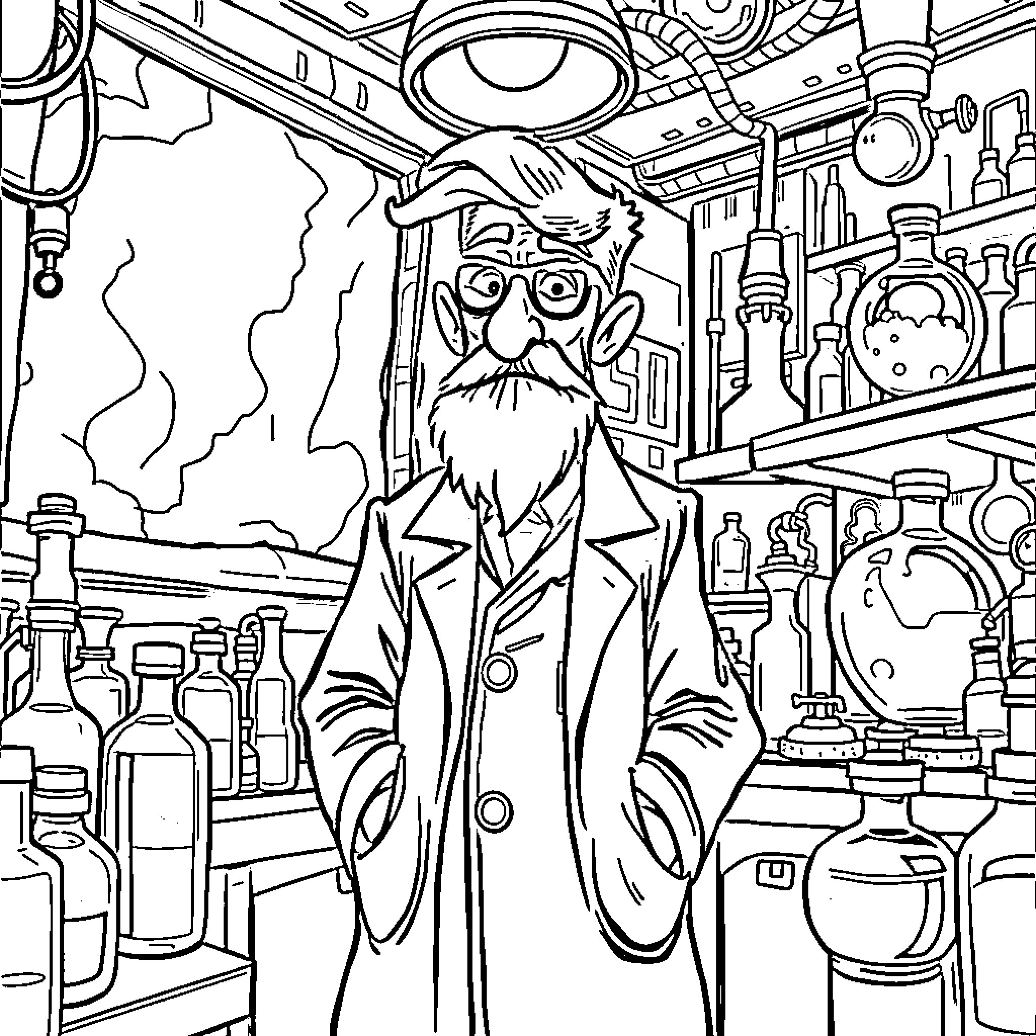 Herbert West's Eccentric Laboratory Experiments Coloring Page (free black-and-white line drawing printable PDF for all, from beginners to advanced learners, including children, teens, adults, and seniors)