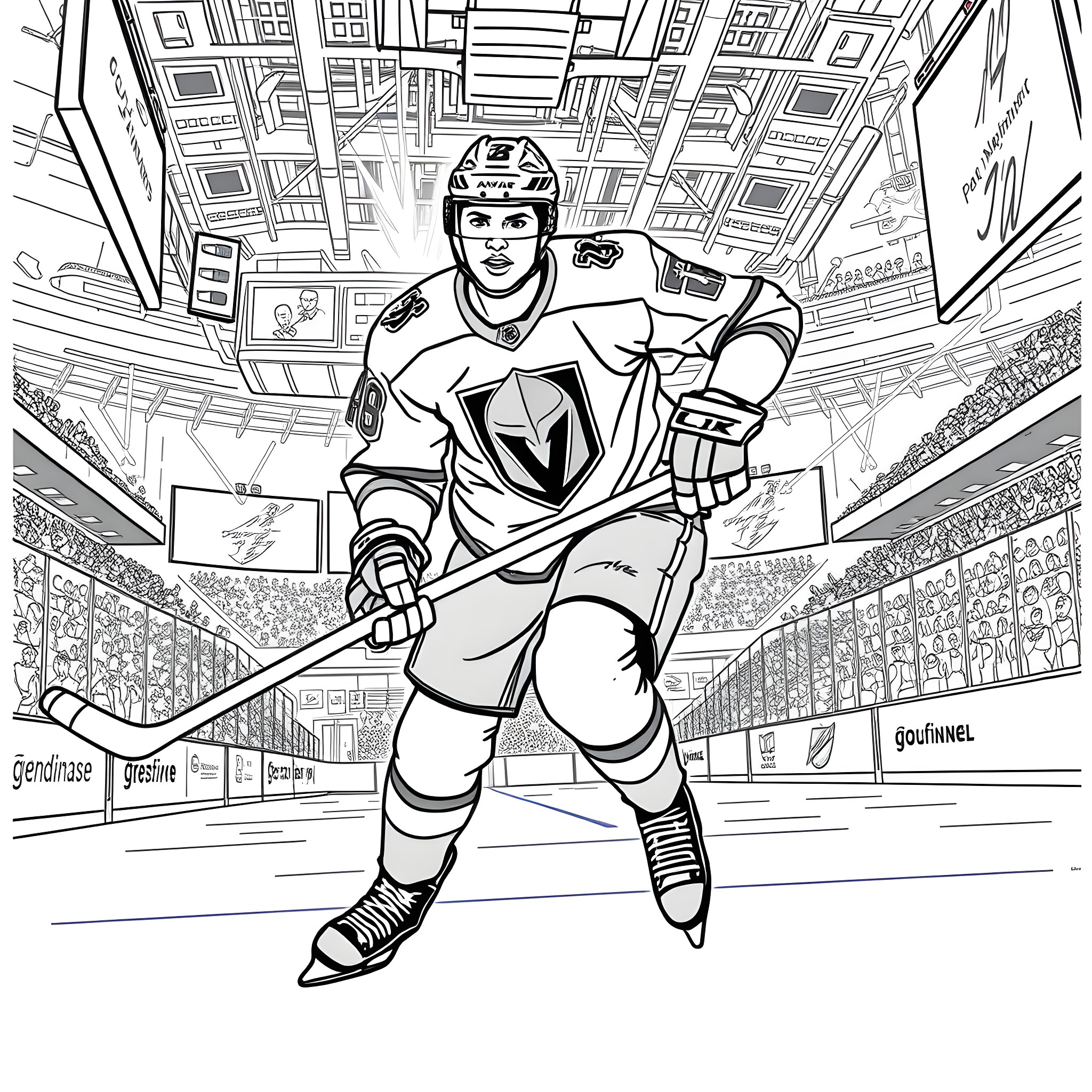 Hockey Player Skating in Ice Rink Arena Coloring Page (free black-and-white line drawing printable PDF for all, from beginners to advanced learners, including children, teens, adults, and seniors)