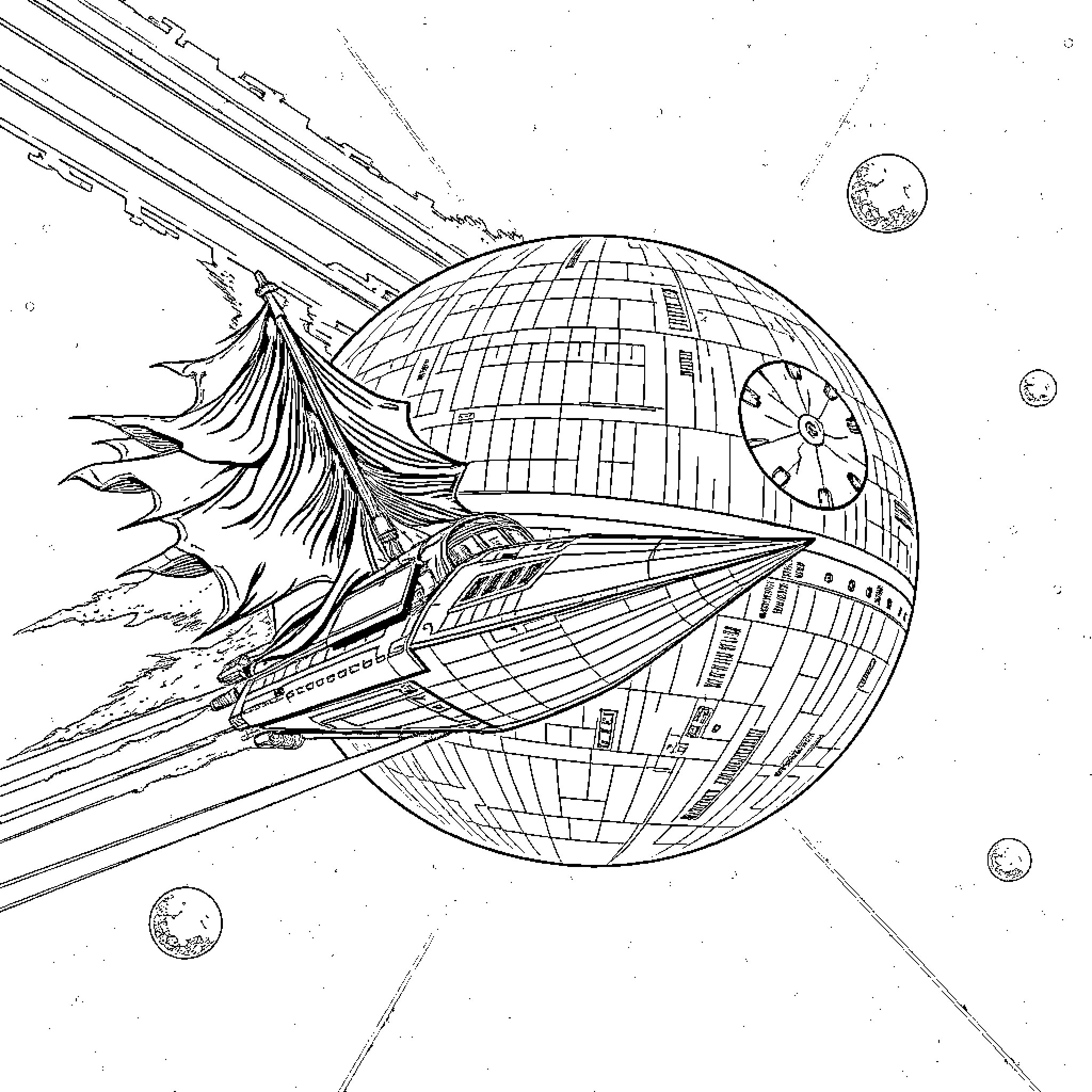 Ship soaring through the cosmos against a massive celestial orb Coloring Page (free black-and-white line drawing printable PDF for all, from beginners to advanced learners, including children, teens, adults, and seniors)