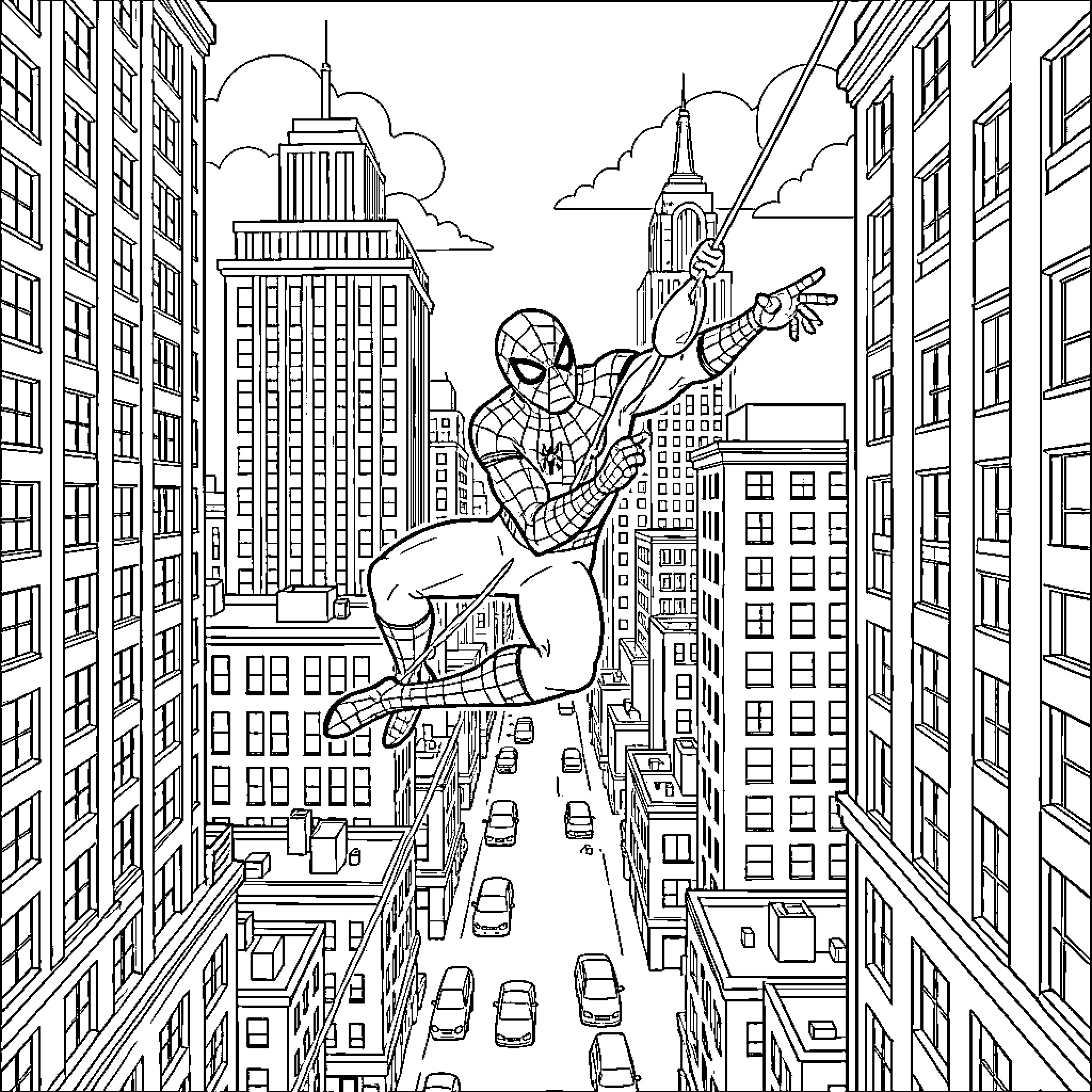 Spider-Man swinging through the city skyline Coloring Page (free black-and-white line drawing printable PDF for all, from beginners to advanced learners, including children, teens, adults, and seniors)