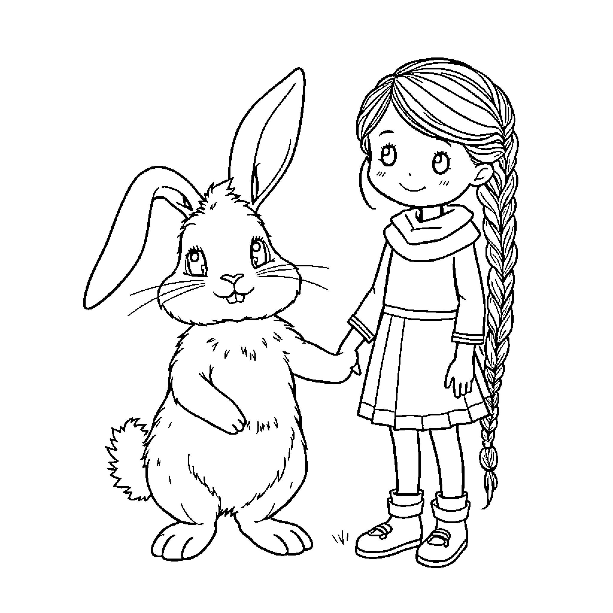 Hare and girl in friendly embrace Coloring Page (free black-and-white line drawing printable PDF for all, from beginners to advanced learners, including children, teens, adults, and seniors)