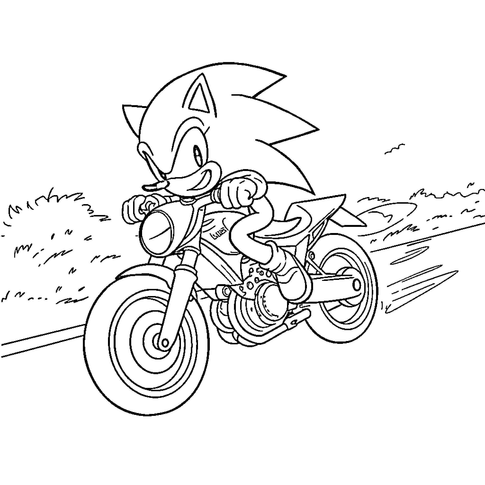 Sonic racing on a motorcycle through the countryside Coloring Page (free black-and-white line drawing printable PDF for all, from beginners to advanced learners, including children, teens, adults, and seniors)