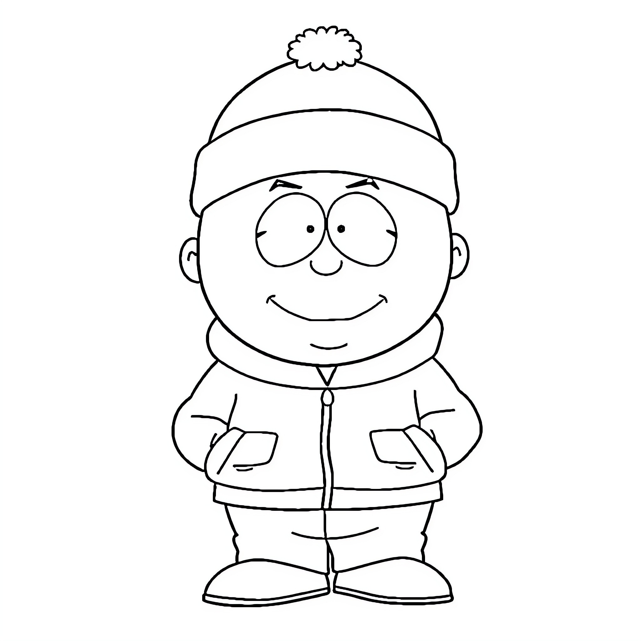 Eric Cartman smiling in winter outfit Coloring Page (free black-and-white line drawing printable PDF for all, from beginners to advanced learners, including children, teens, adults, and seniors)