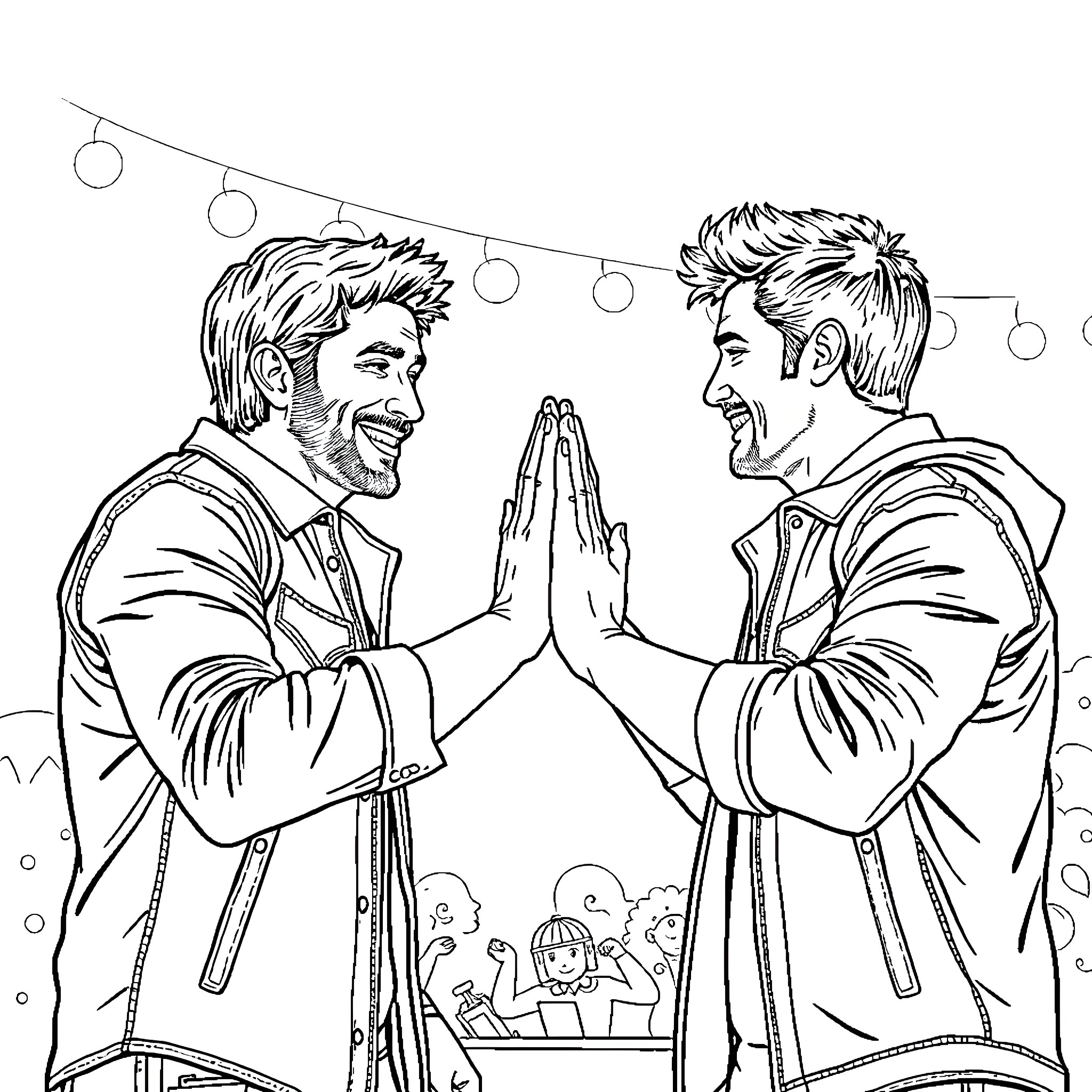 Jensen Ackles Joyfully Celebrating with Companion Coloring Page (free black-and-white line drawing printable PDF for all, from beginners to advanced learners, including children, teens, adults, and seniors)