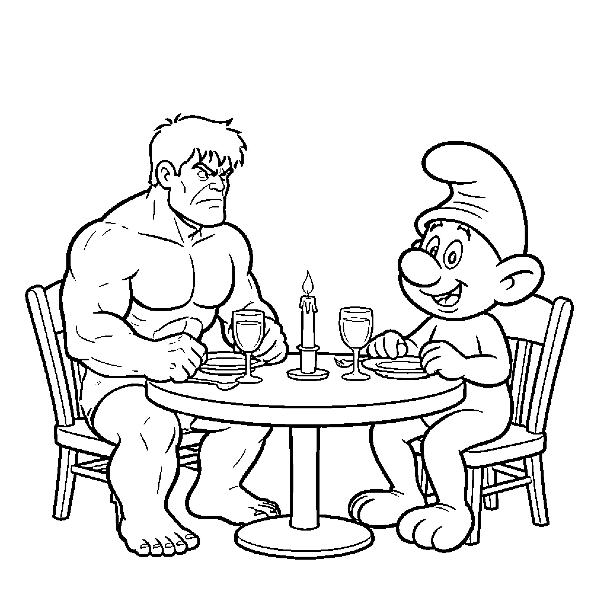 Hulk sitting at a table with a small character Coloring Page (free black-and-white line drawing printable PDF for all, from beginners to advanced learners, including children, teens, adults, and seniors)