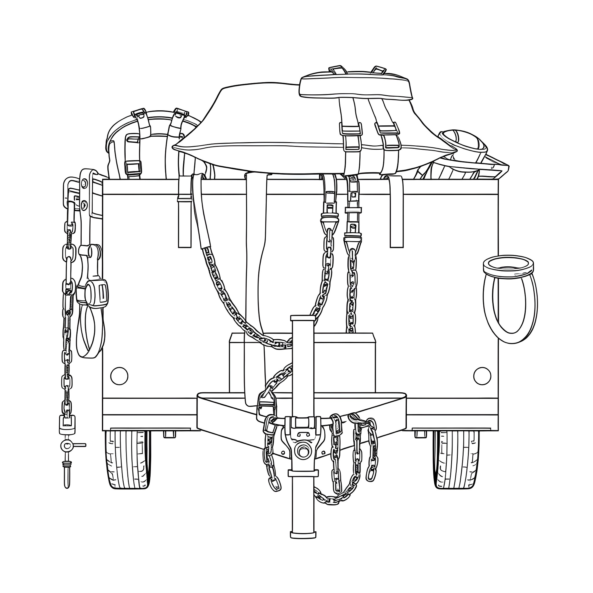 Trailer of a specialized vehicle with various equipment Coloring Page (free black-and-white line drawing printable PDF for all, from beginners to advanced learners, including children, teens, adults, and seniors)