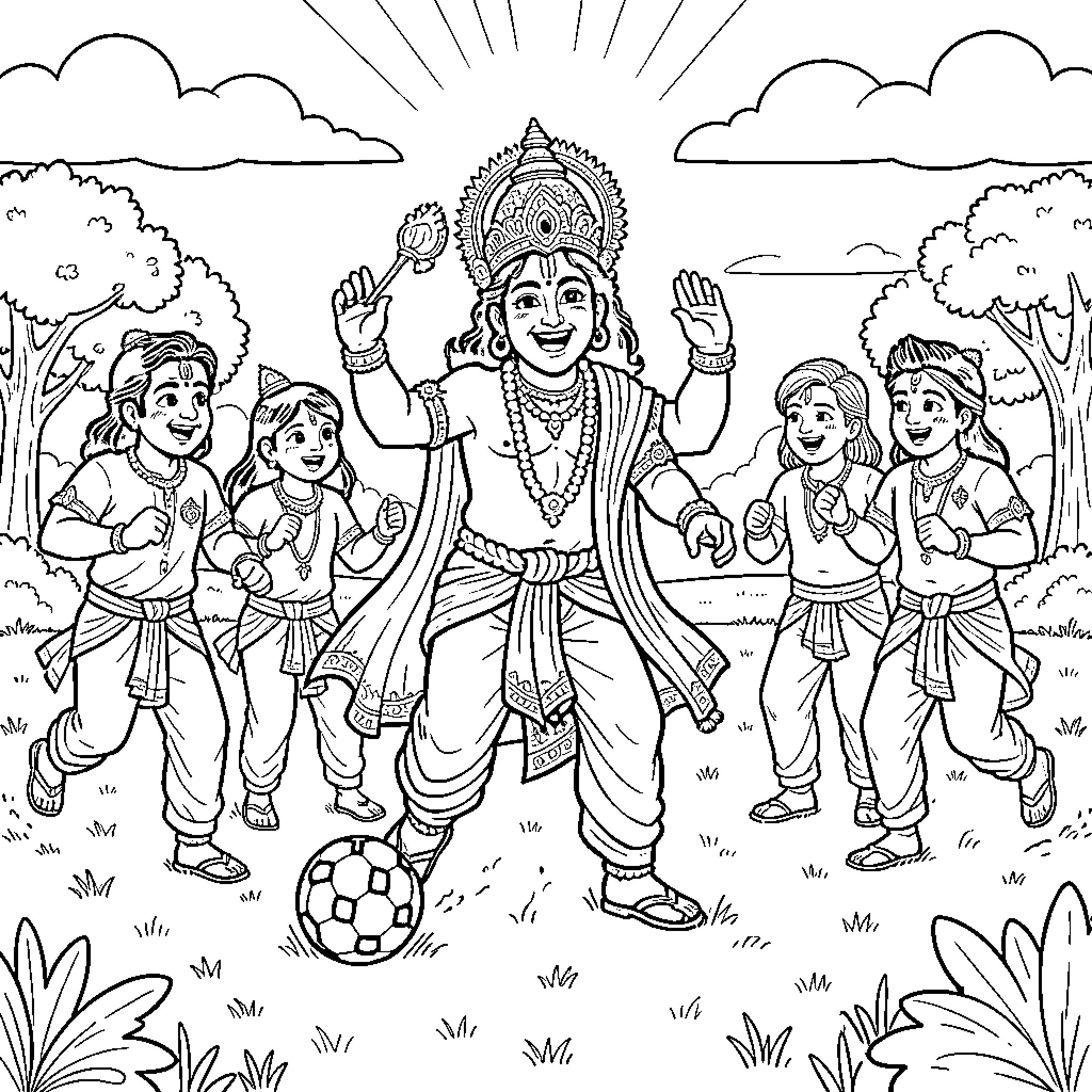 Krishna playing soccer with friends in a garden Coloring Page (free black-and-white line drawing printable PDF for all, from beginners to advanced learners, including children, teens, adults, and seniors)