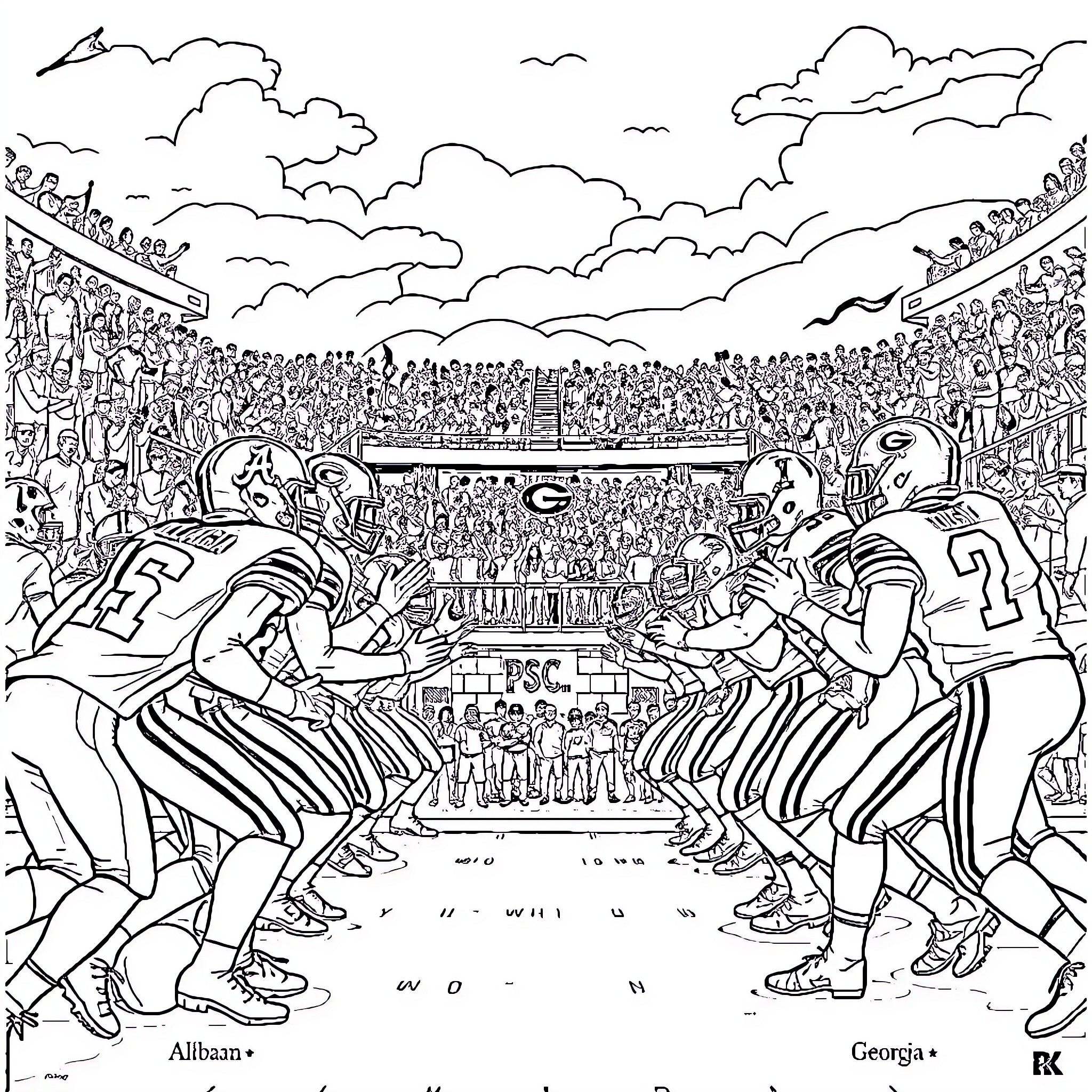 Football players in intense competition on the field Coloring Page (free black-and-white line drawing printable PDF for all, from beginners to advanced learners, including children, teens, adults, and seniors)