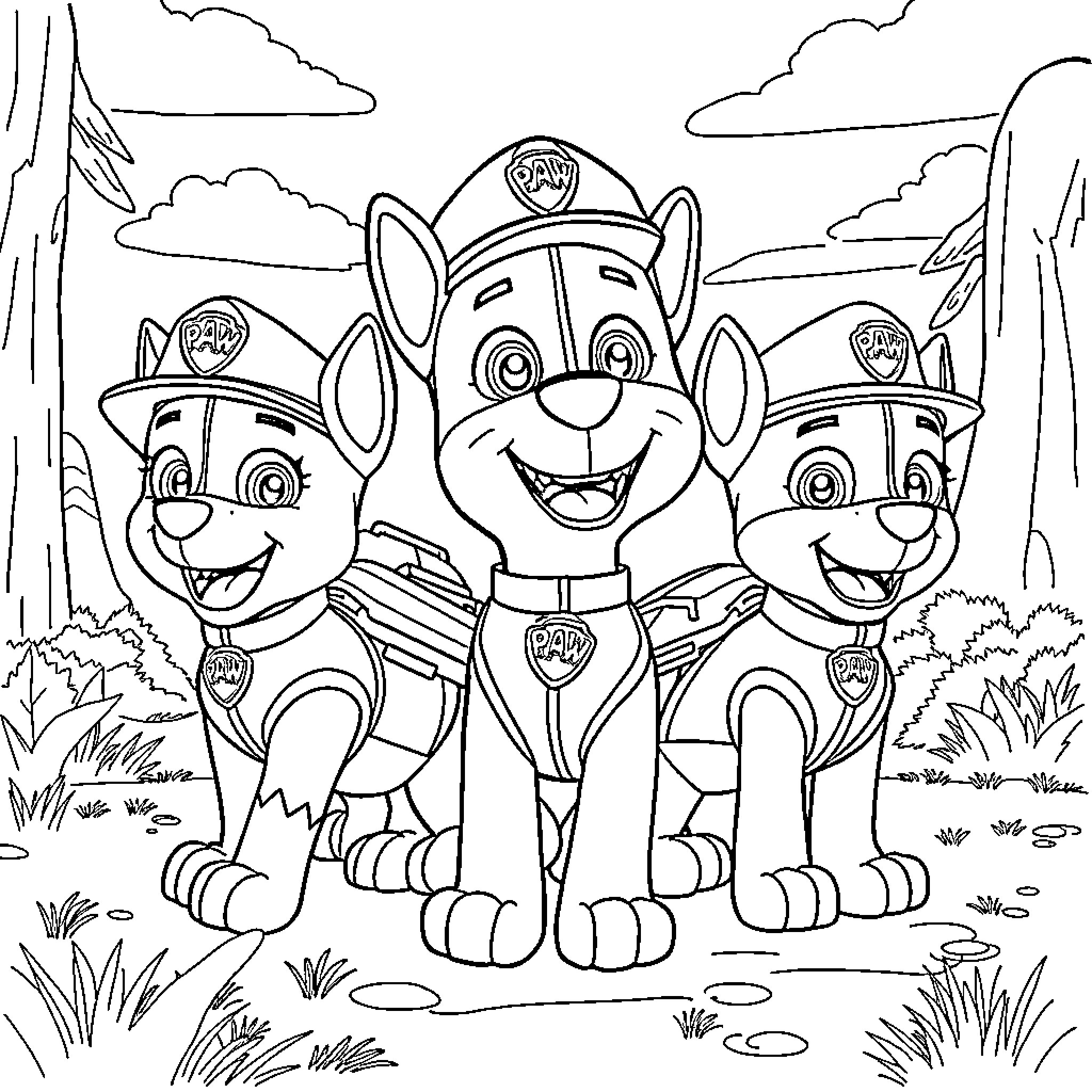 Paw Patrol Puppies on a Mission Coloring Page (free black-and-white line drawing printable PDF for all, from beginners to advanced learners, including children, teens, adults, and seniors)