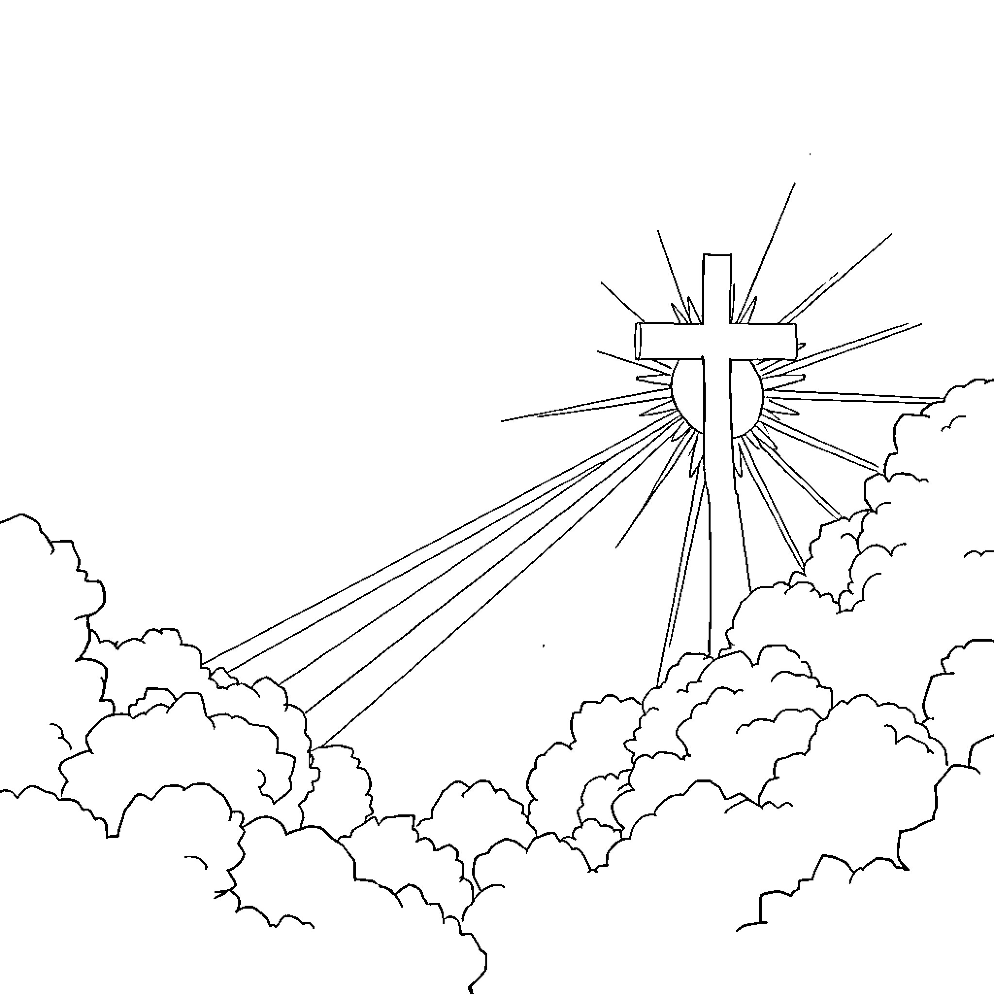 God's Radiant Cross Shines in Heavenly Clouds Coloring Page (free black-and-white line drawing printable PDF for all, from beginners to advanced learners, including children, teens, adults, and seniors)