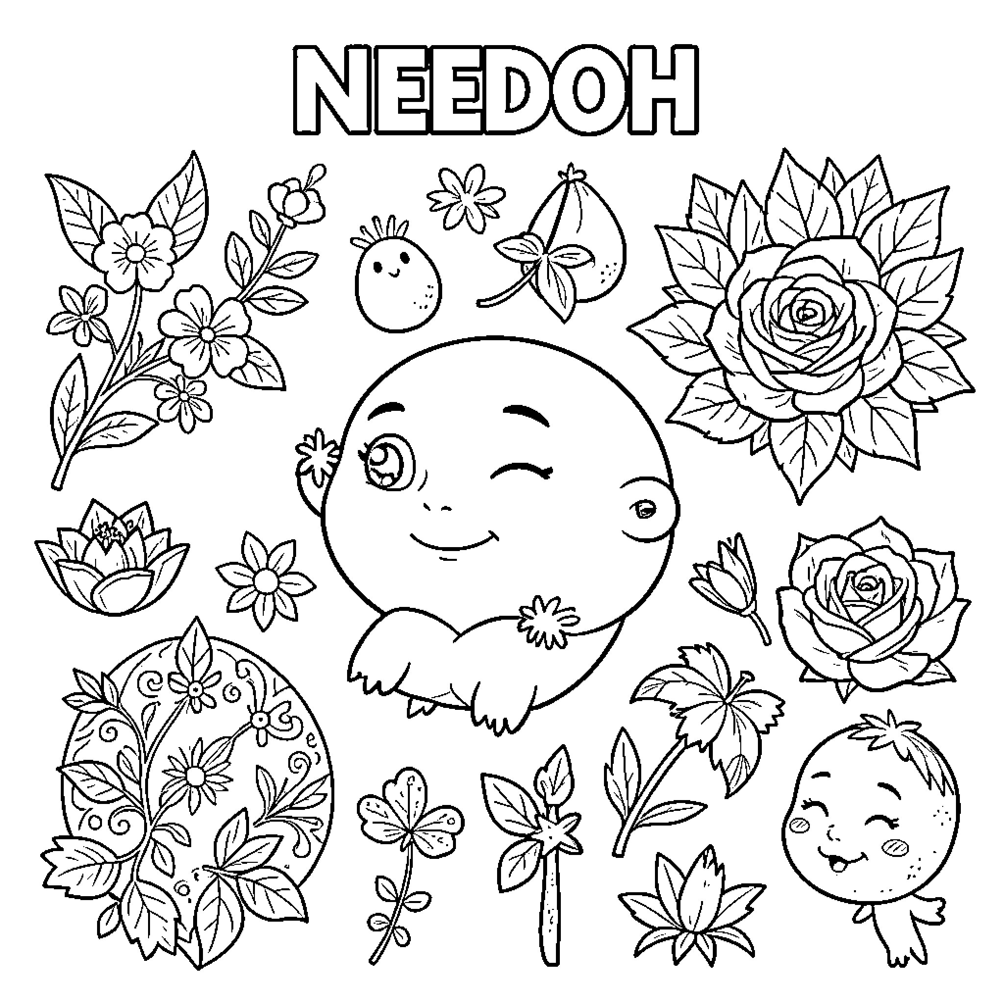 Needoh character surrounded by various beautiful flowers and leaves Coloring Page (free black-and-white line drawing printable PDF for all, from beginners to advanced learners, including children, teens, adults, and seniors)