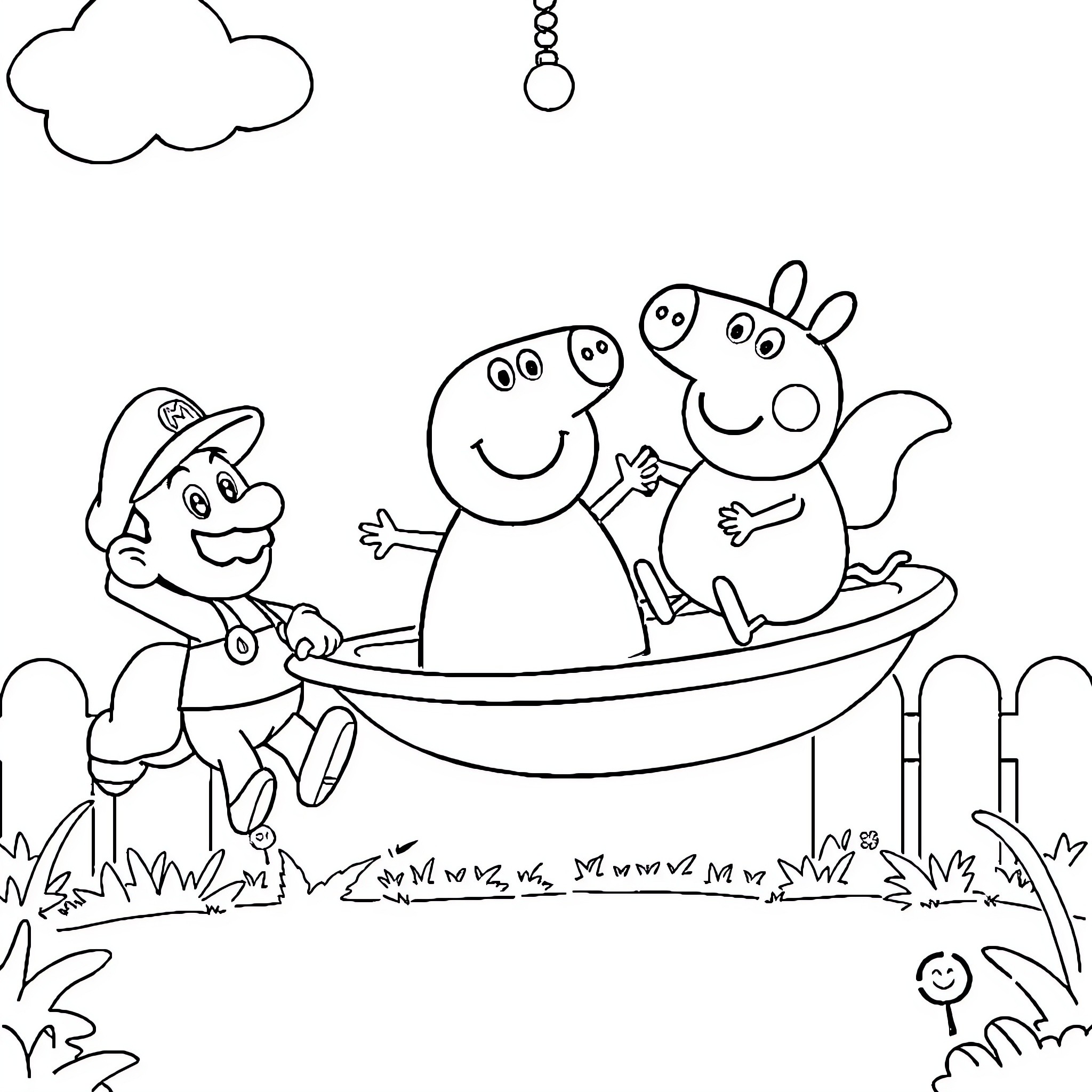 Peppa Pig and Friends Enjoying a Boat Ride Coloring Page (free black-and-white line drawing printable PDF for all, from beginners to advanced learners, including children, teens, adults, and seniors)