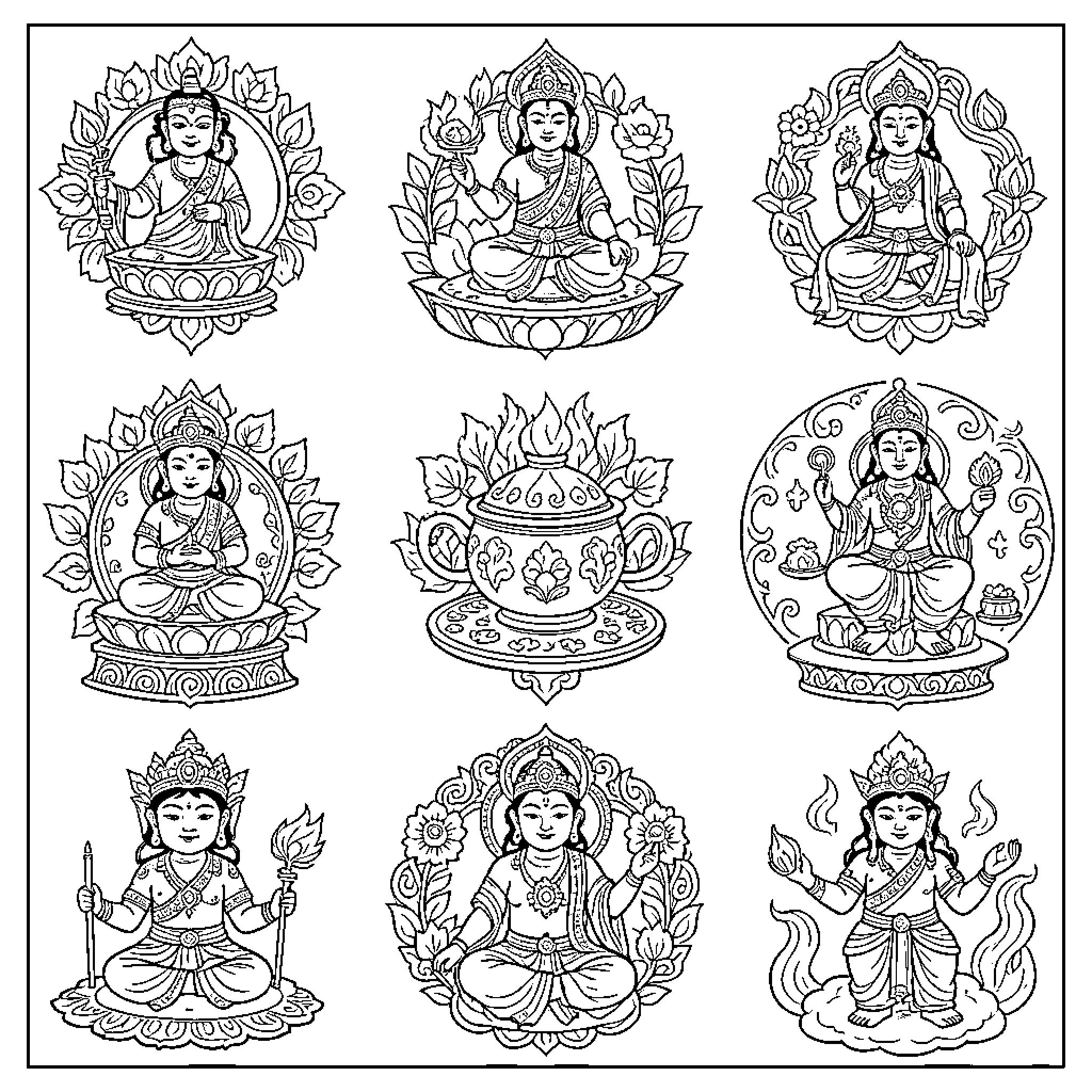 Tibetan Symbols depicting various deities in meditative poses Coloring Page (free black-and-white line drawing printable PDF for all, from beginners to advanced learners, including children, teens, adults, and seniors)