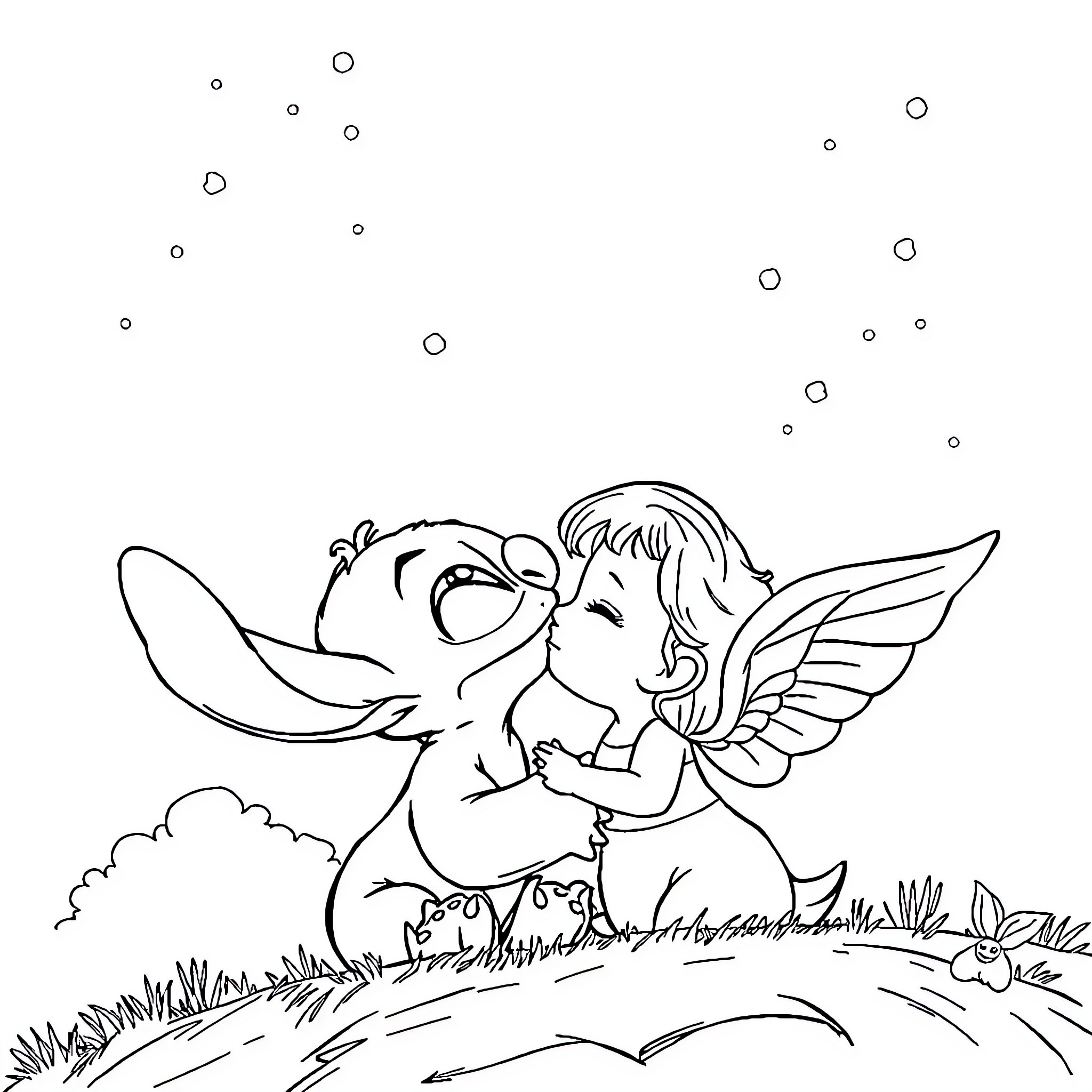 Stitch and fairy in meadow Coloring Page (free black-and-white line drawing printable PDF for all, from beginners to advanced learners, including children, teens, adults, and seniors)