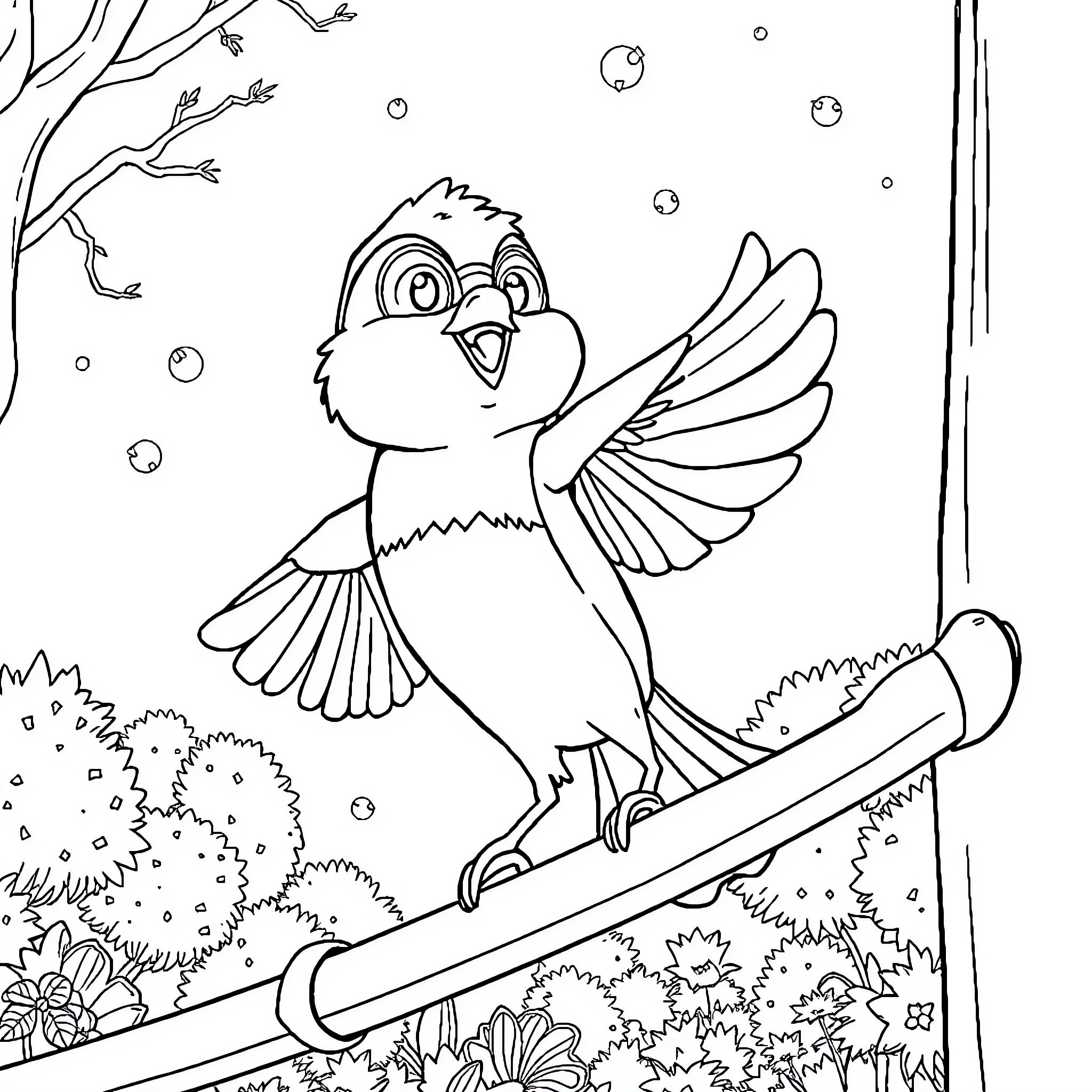 Paw Patrol character in winter scene Coloring Page (free black-and-white line drawing printable PDF for all, from beginners to advanced learners, including children, teens, adults, and seniors)