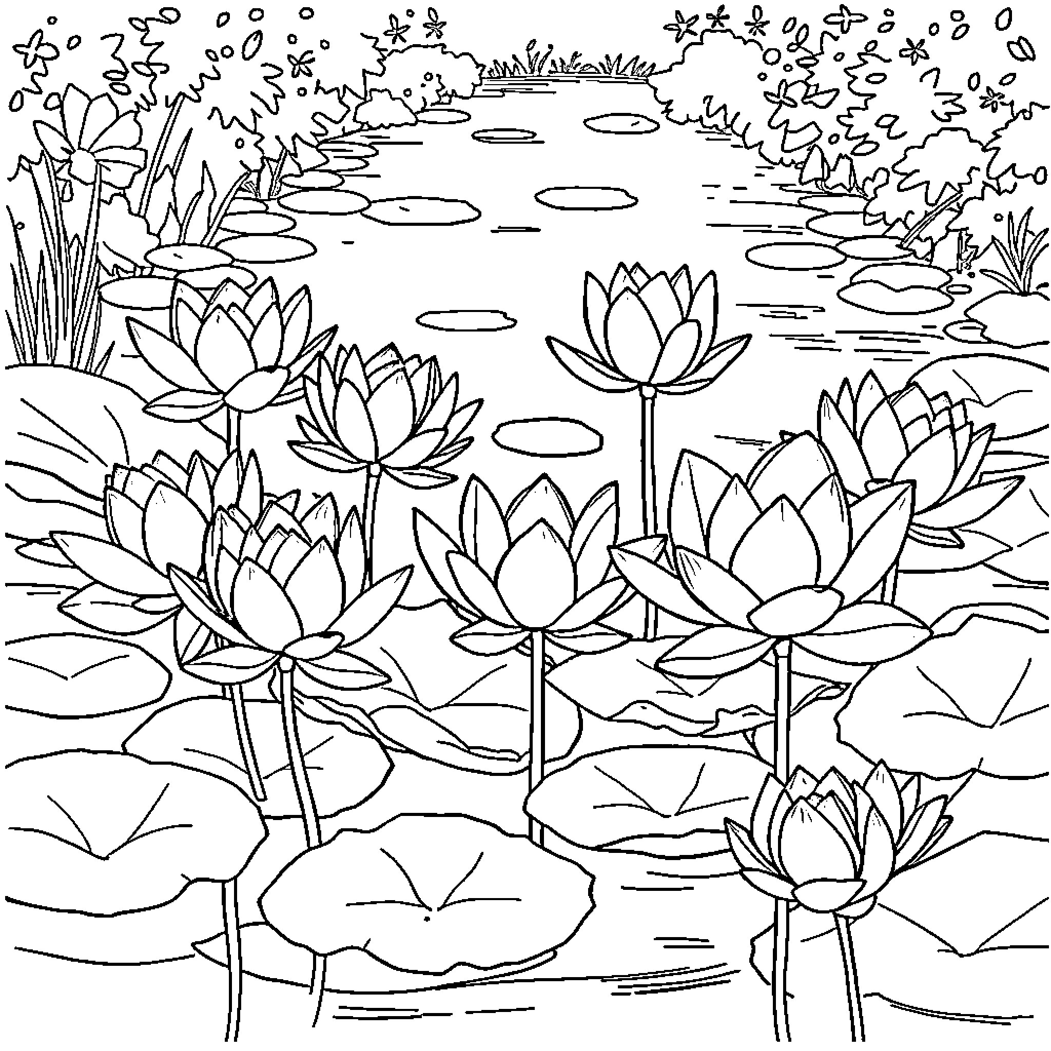 Lotus pond with blooming flowers Coloring Page (free black-and-white line drawing printable PDF for all, from beginners to advanced learners, including children, teens, adults, and seniors)