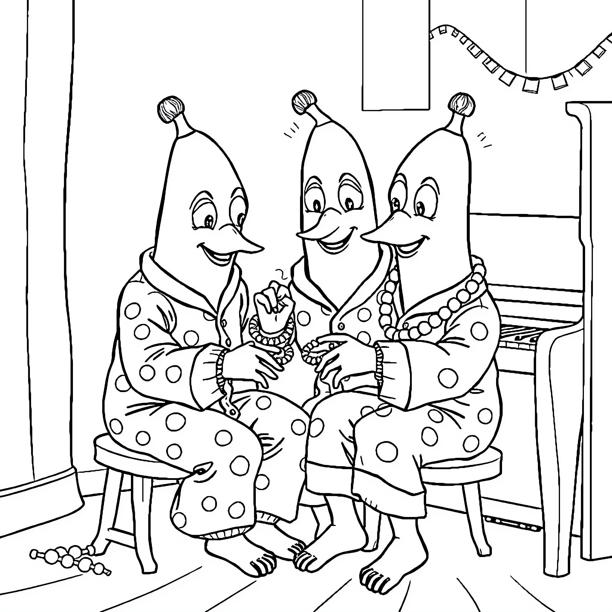 Banana friends having a party Coloring Page (free black-and-white line drawing printable PDF for all, from beginners to advanced learners, including children, teens, adults, and seniors)