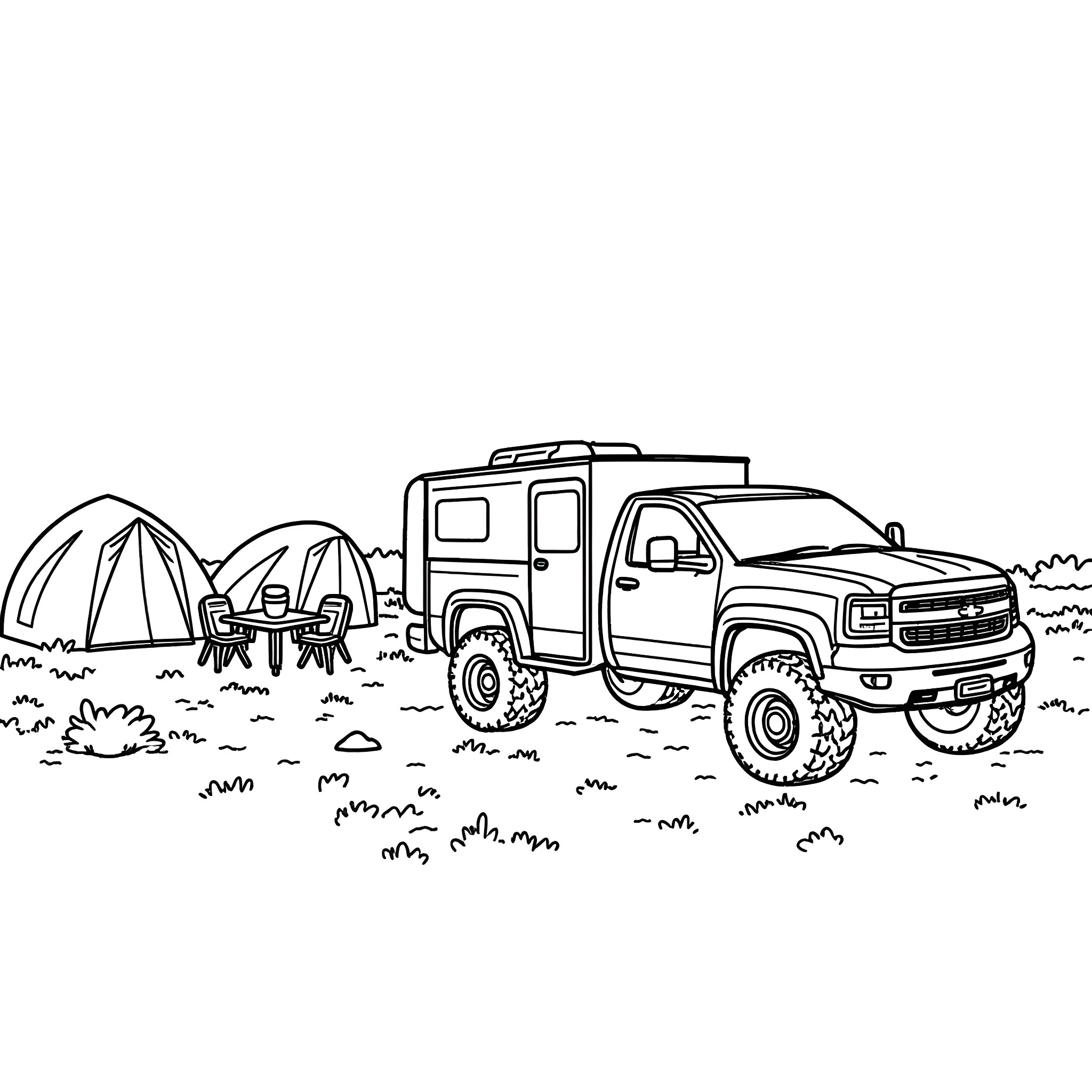Pickup Truck Camping in the Wilderness Coloring Page (free black-and-white line drawing printable PDF for all, from beginners to advanced learners, including children, teens, adults, and seniors)