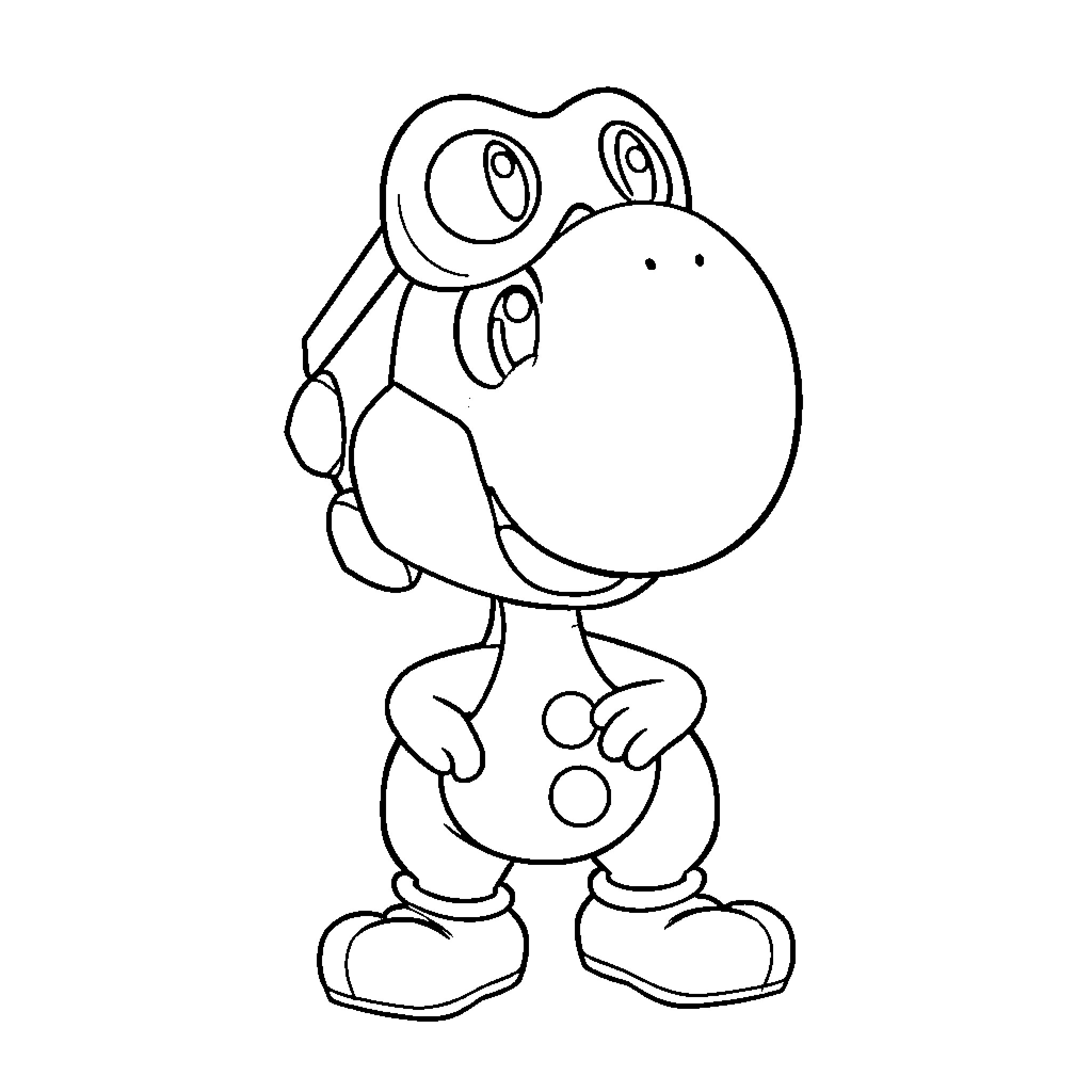 Yoshi the Cheerful Character Coloring Page (free black-and-white line drawing printable PDF for all, from beginners to advanced learners, including children, teens, adults, and seniors)