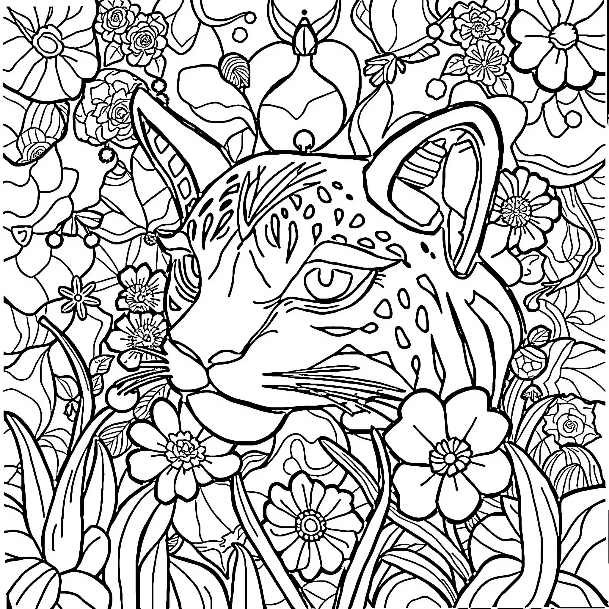 Color By Number Floral Cat in the Wild Coloring Page (free black-and-white line drawing printable PDF for all, from beginners to advanced learners, including children, teens, adults, and seniors)