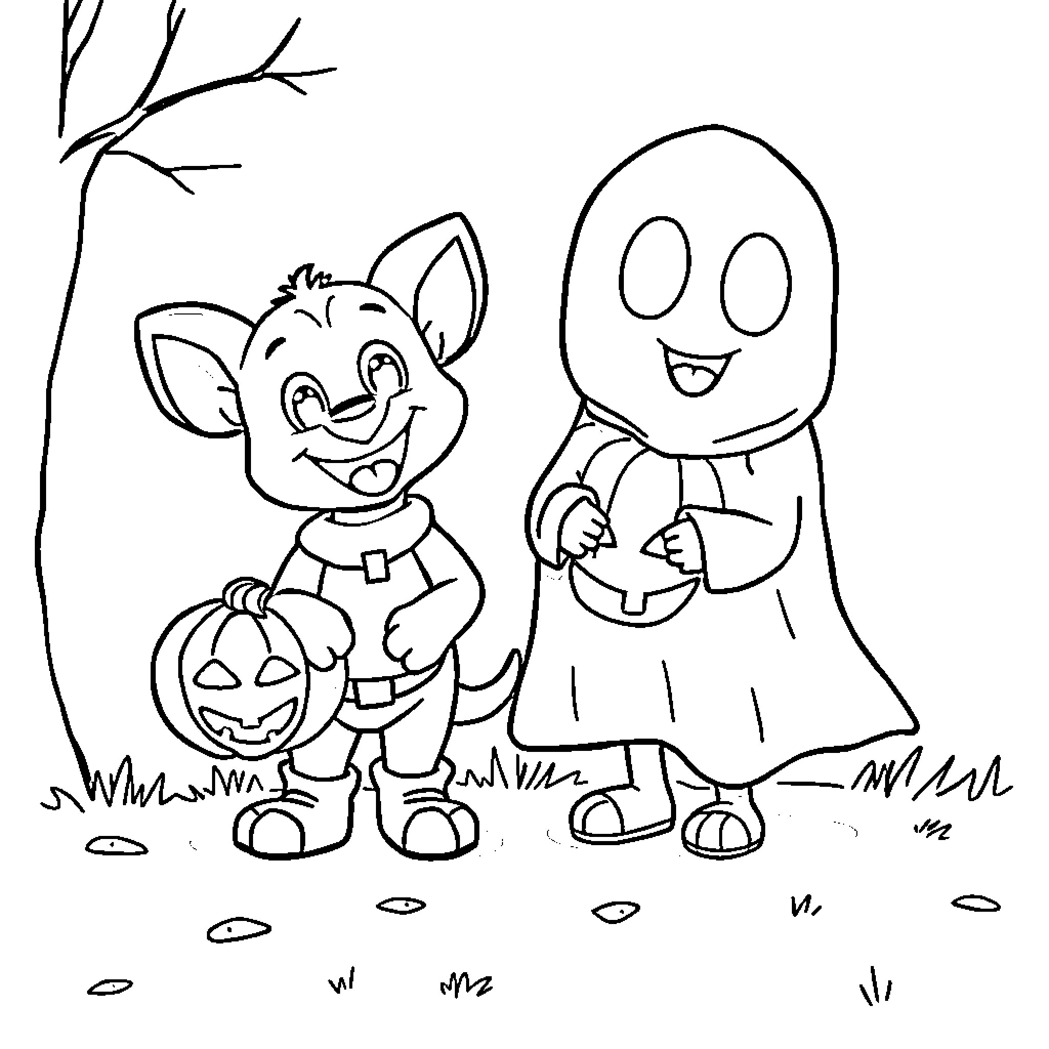 Bluey and Ghost Trick-or-Treating in the Woods Coloring Page (free black-and-white line drawing printable PDF for all, from beginners to advanced learners, including children, teens, adults, and seniors)
