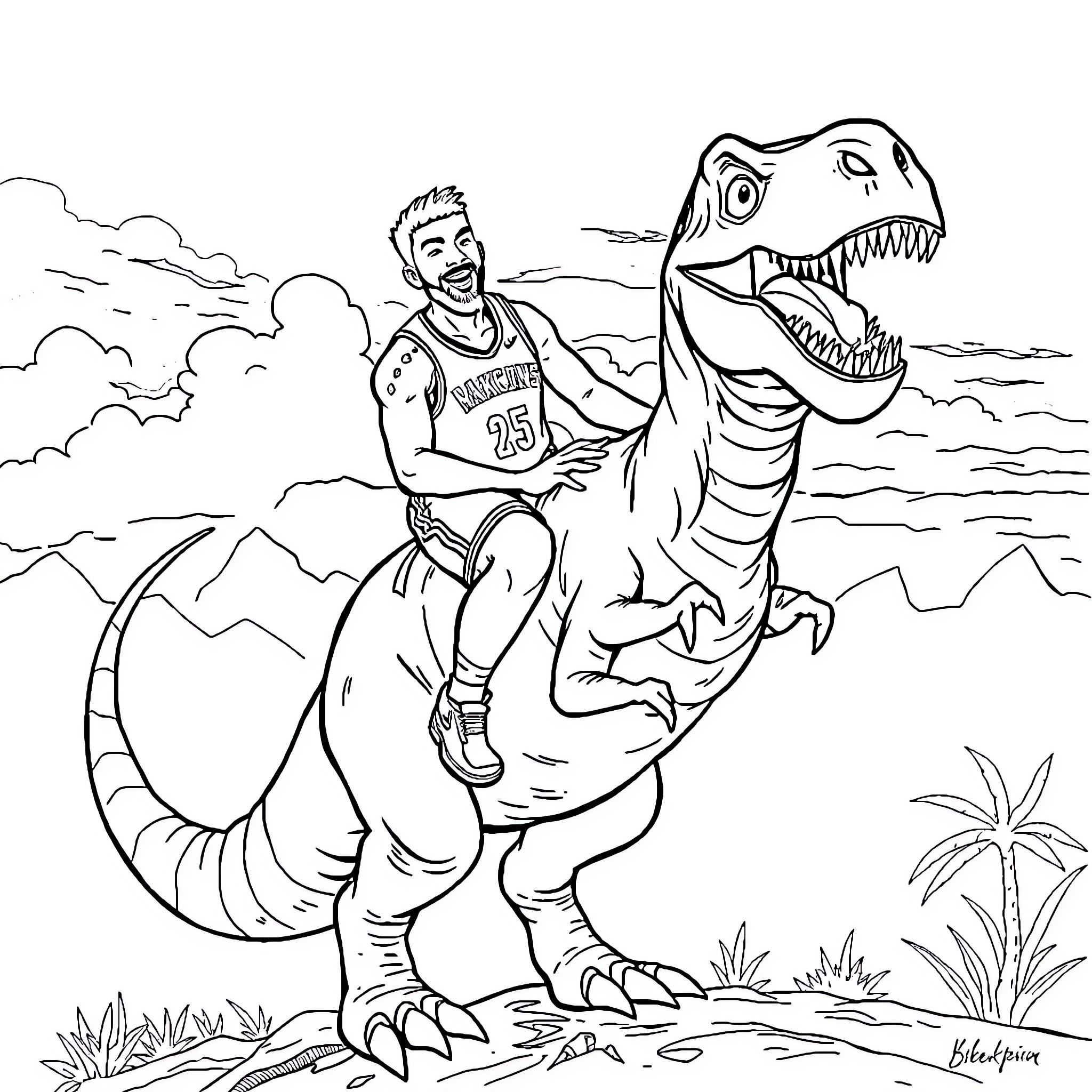 Jason Tatum riding an exciting dinosaur adventure Coloring Page (free black-and-white line drawing printable PDF for all, from beginners to advanced learners, including children, teens, adults, and seniors)