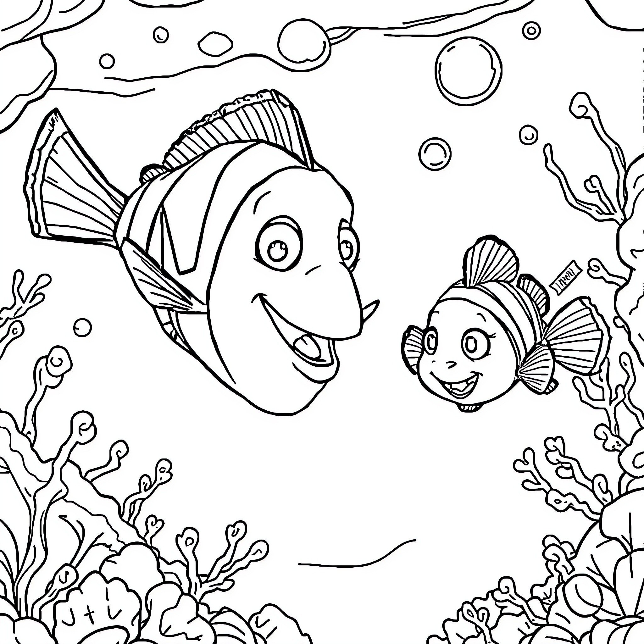 Nemo's Underwater Adventure Coloring Page (free black-and-white line drawing printable PDF for all, from beginners to advanced learners, including children, teens, adults, and seniors)