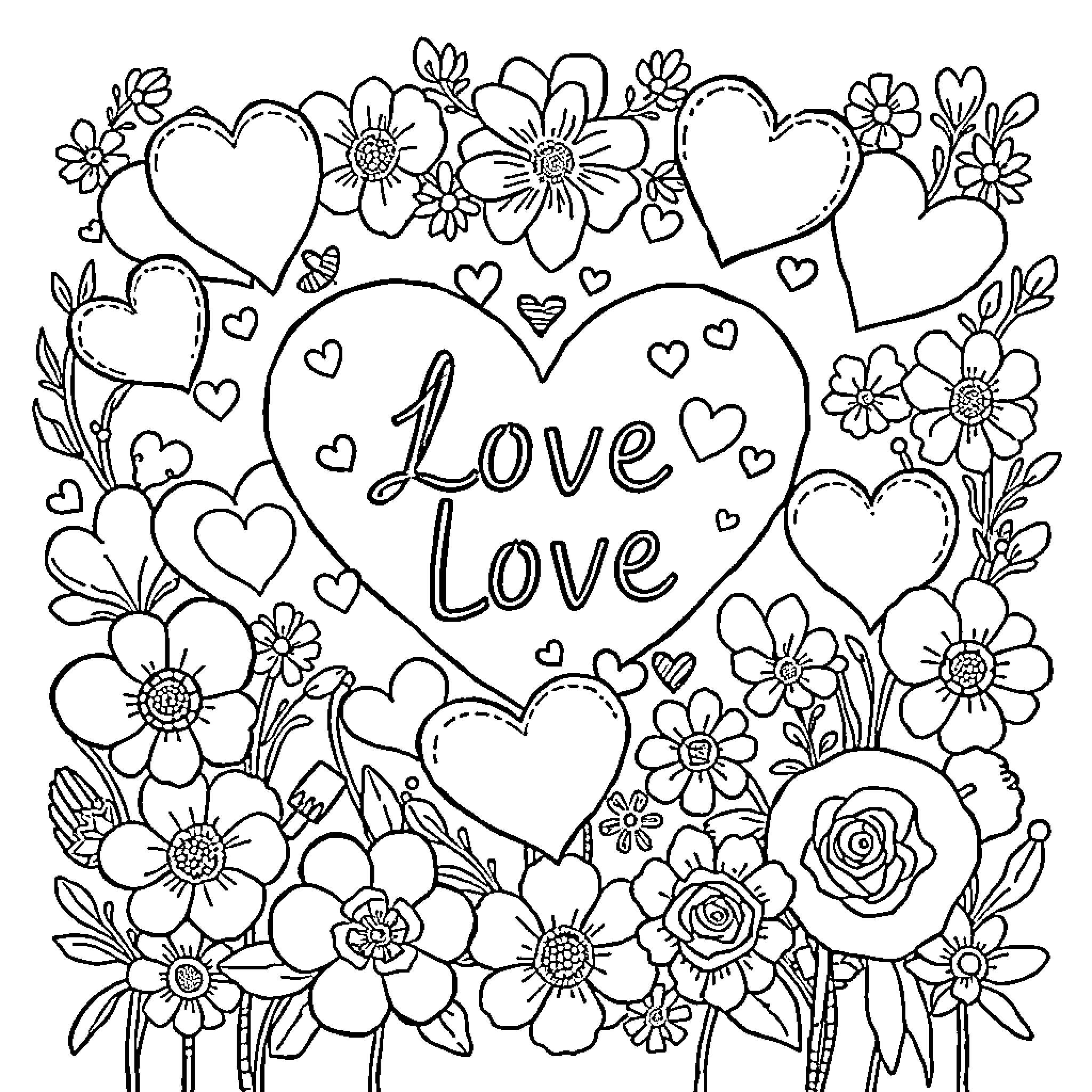 Valentine's Day Flowers and Hearts in Bloom Coloring Page (free black-and-white line drawing printable PDF for all, from beginners to advanced learners, including children, teens, adults, and seniors)