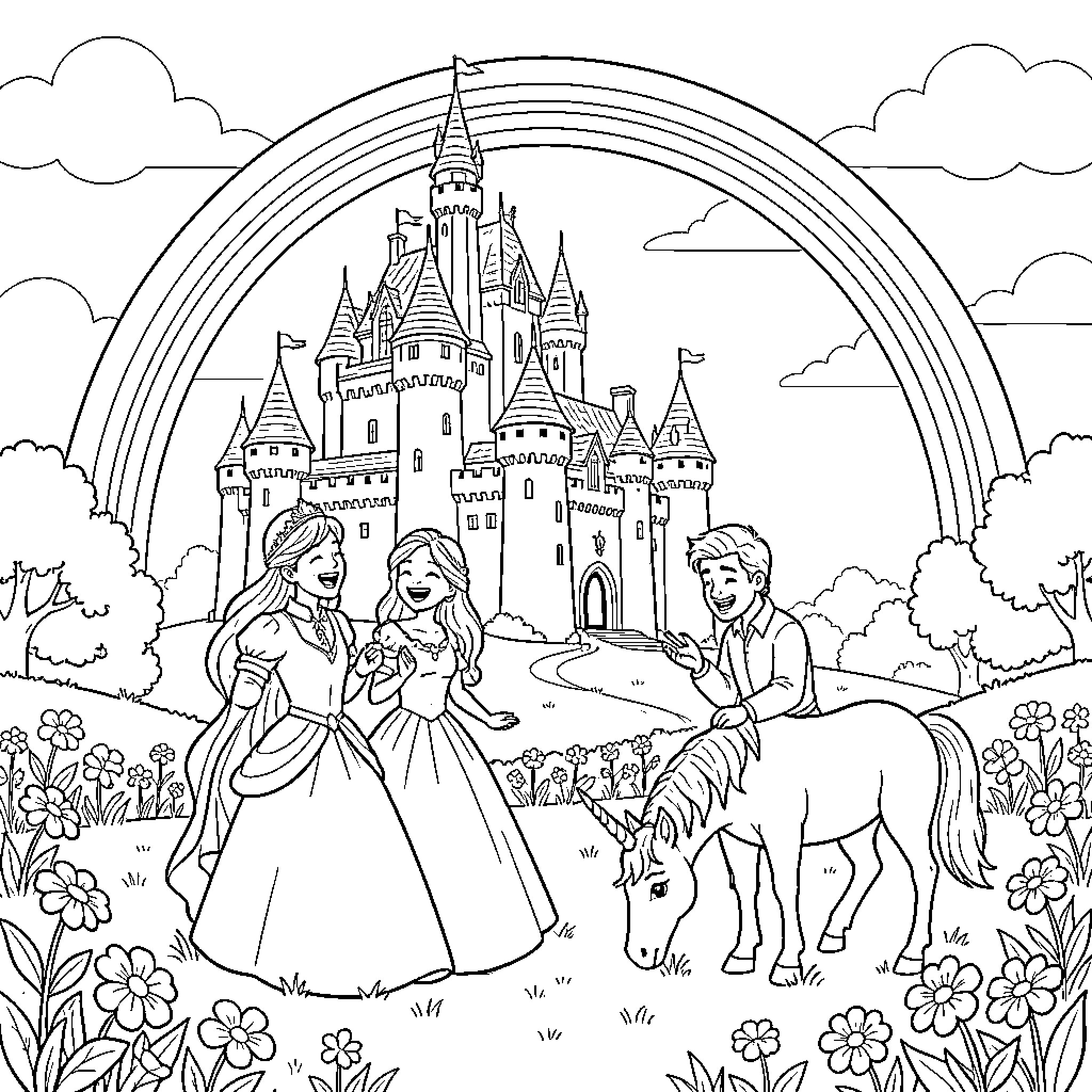 Castle scene with joyful princesses and a rider Coloring Page (free black-and-white line drawing printable PDF for all, from beginners to advanced learners, including children, teens, adults, and seniors)