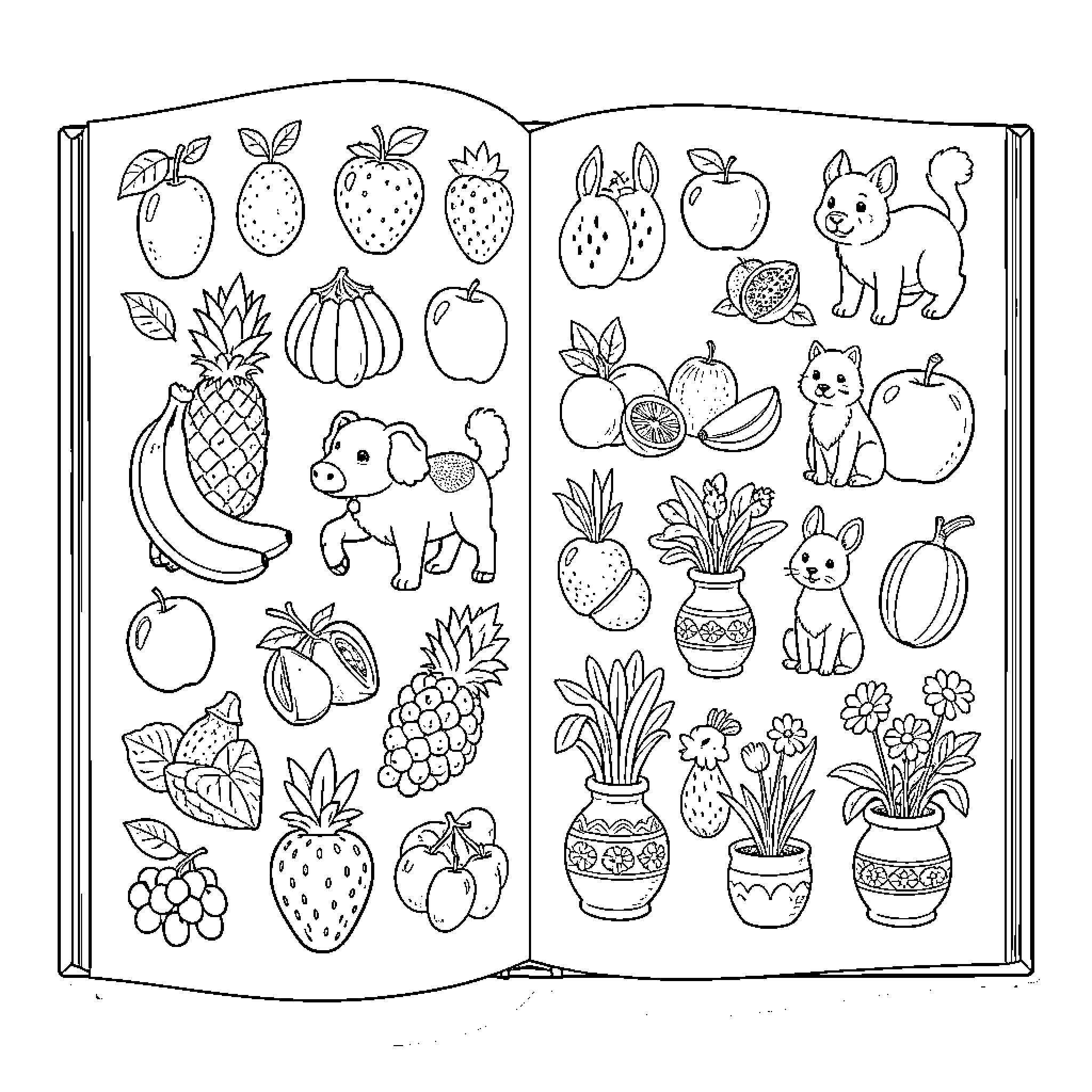 Book of Colorful Illustrations with Fruits, Plants and Animals Coloring Page (free black-and-white line drawing printable PDF for all, from beginners to advanced learners, including children, teens, adults, and seniors)