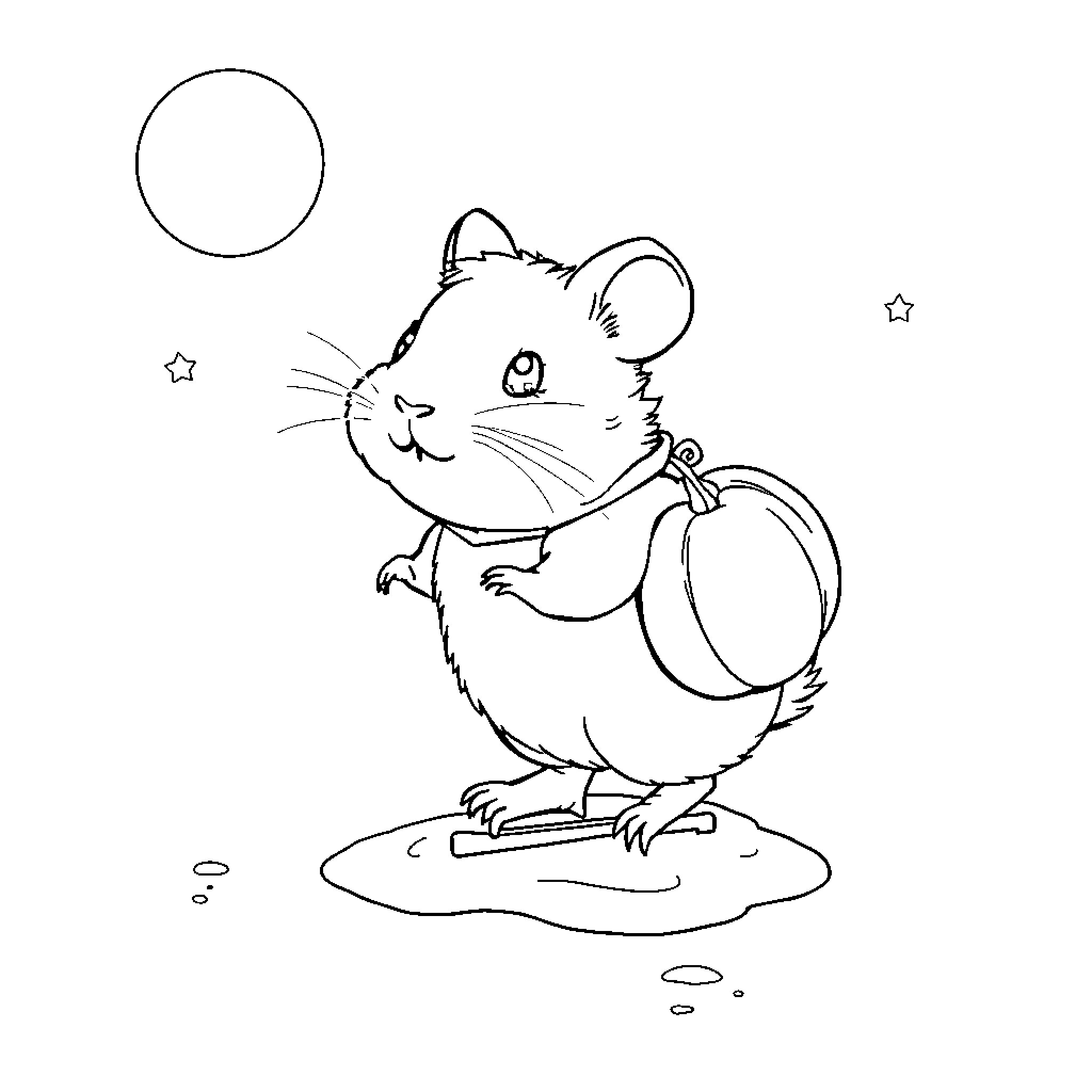 Hamster playing joyfully with stars Coloring Page (free black-and-white line drawing printable PDF for all, from beginners to advanced learners, including children, teens, adults, and seniors)