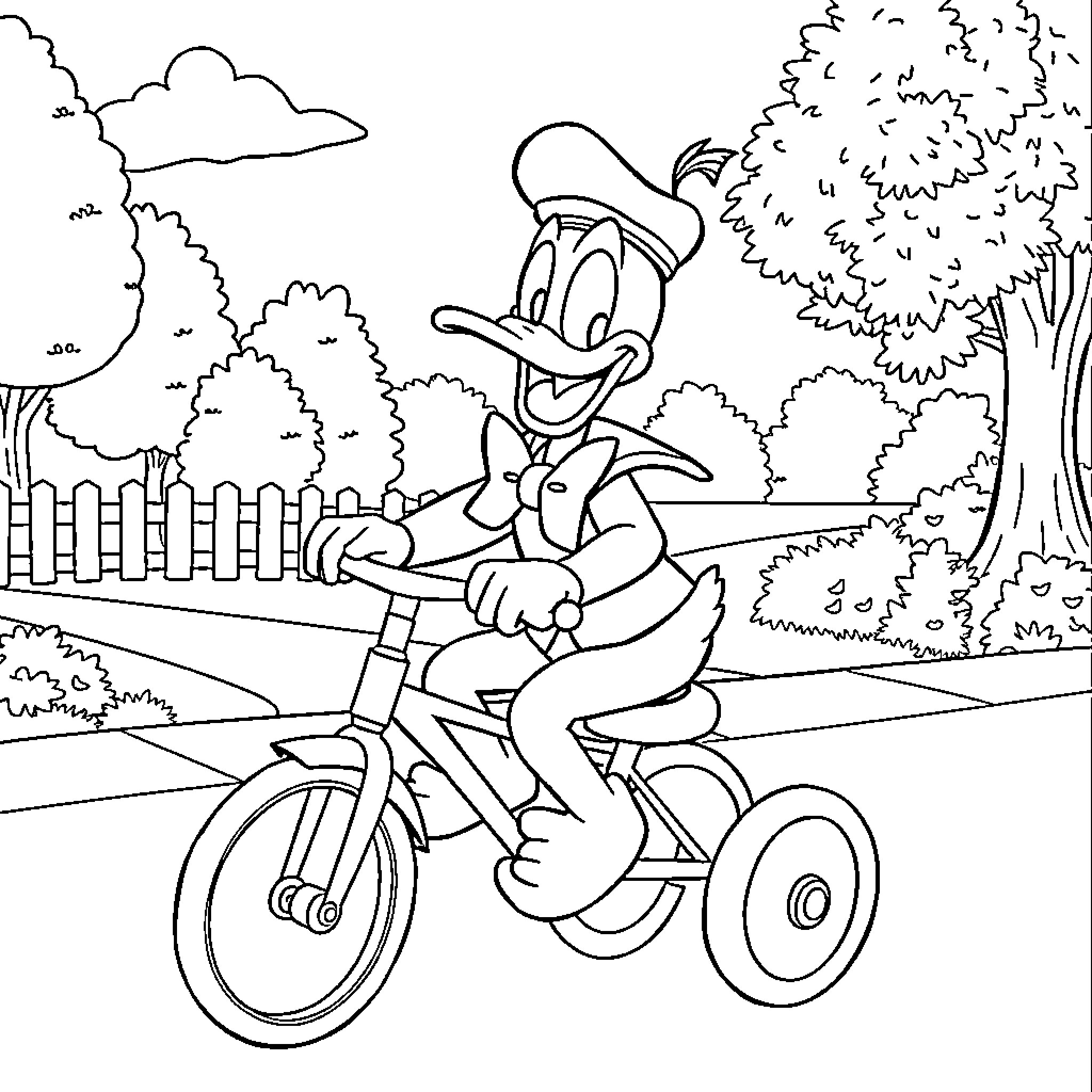 Donald Duck riding a bicycle in a park Coloring Page (free black-and-white line drawing printable PDF for all, from beginners to advanced learners, including children, teens, adults, and seniors)