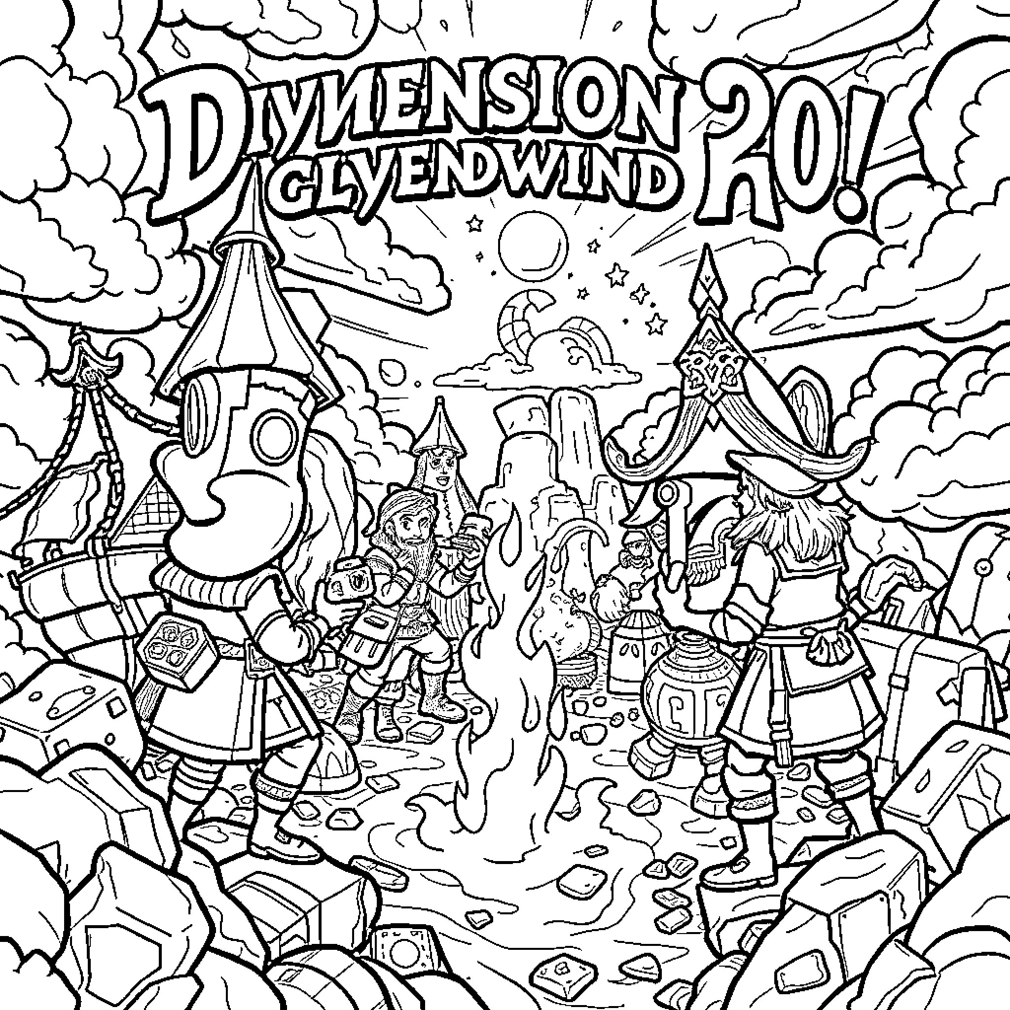 Cloudward Ho: Adventurers Explore Fantastical Dimension Coloring Page (free black-and-white line drawing printable PDF for all, from beginners to advanced learners, including children, teens, adults, and seniors)